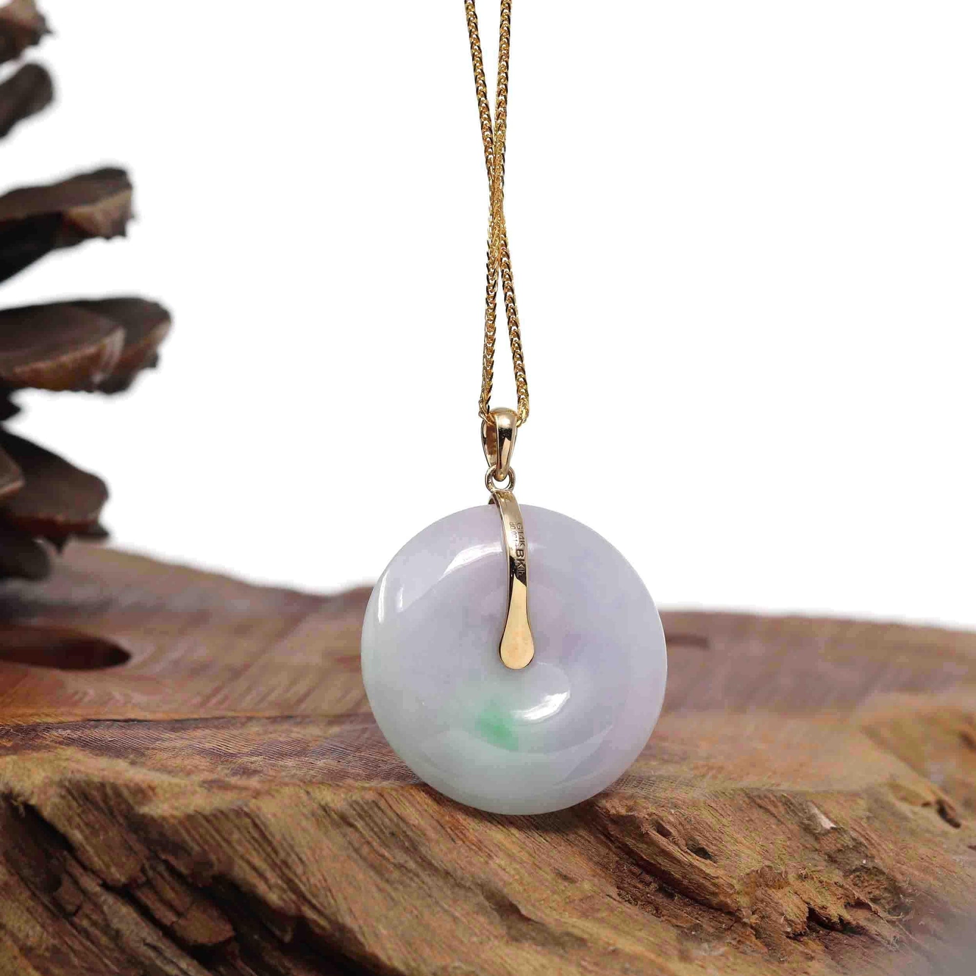 Baikalla Jewelry Gold Jadeite Jade Pendant Necklace "Good Luck Button" Lavender Jadeite Jade Lucky KouKou Pendant With 14K Yellow Gold  Diamond Bail