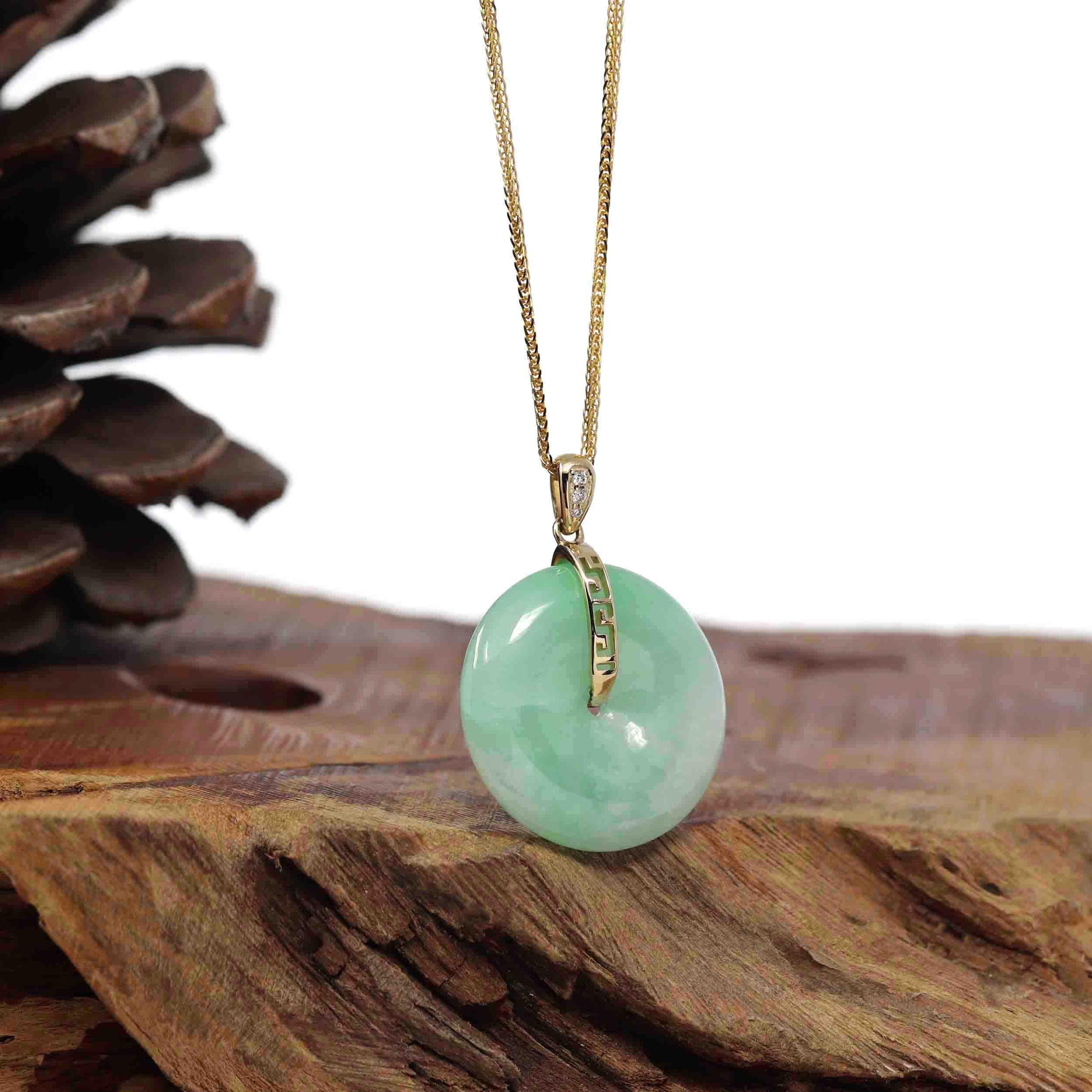 Baikalla Jewelry Gold Jadeite Jade Pendant Necklace &quot;Good Luck Button&quot; Lavender Jadeite Jade Lucky KouKou Pendant With 14K Yellow Gold Bail