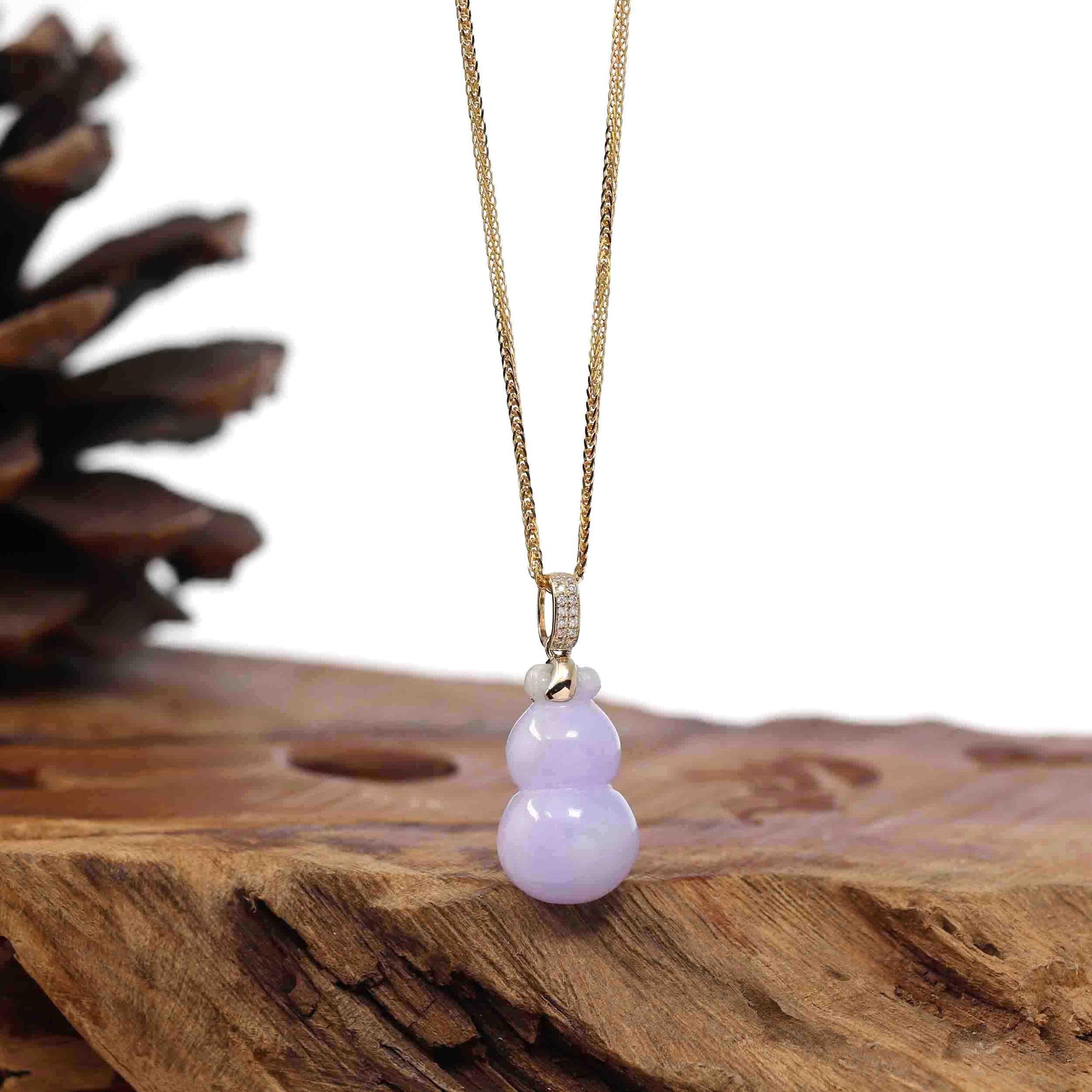 Baikalla Jewelry Jade Pendant Natural Lavender Jadeite Jade &quot;Magic Bottle Gourd&quot; Hulu Necklace With 14k Yellow Gold Diamond Bail