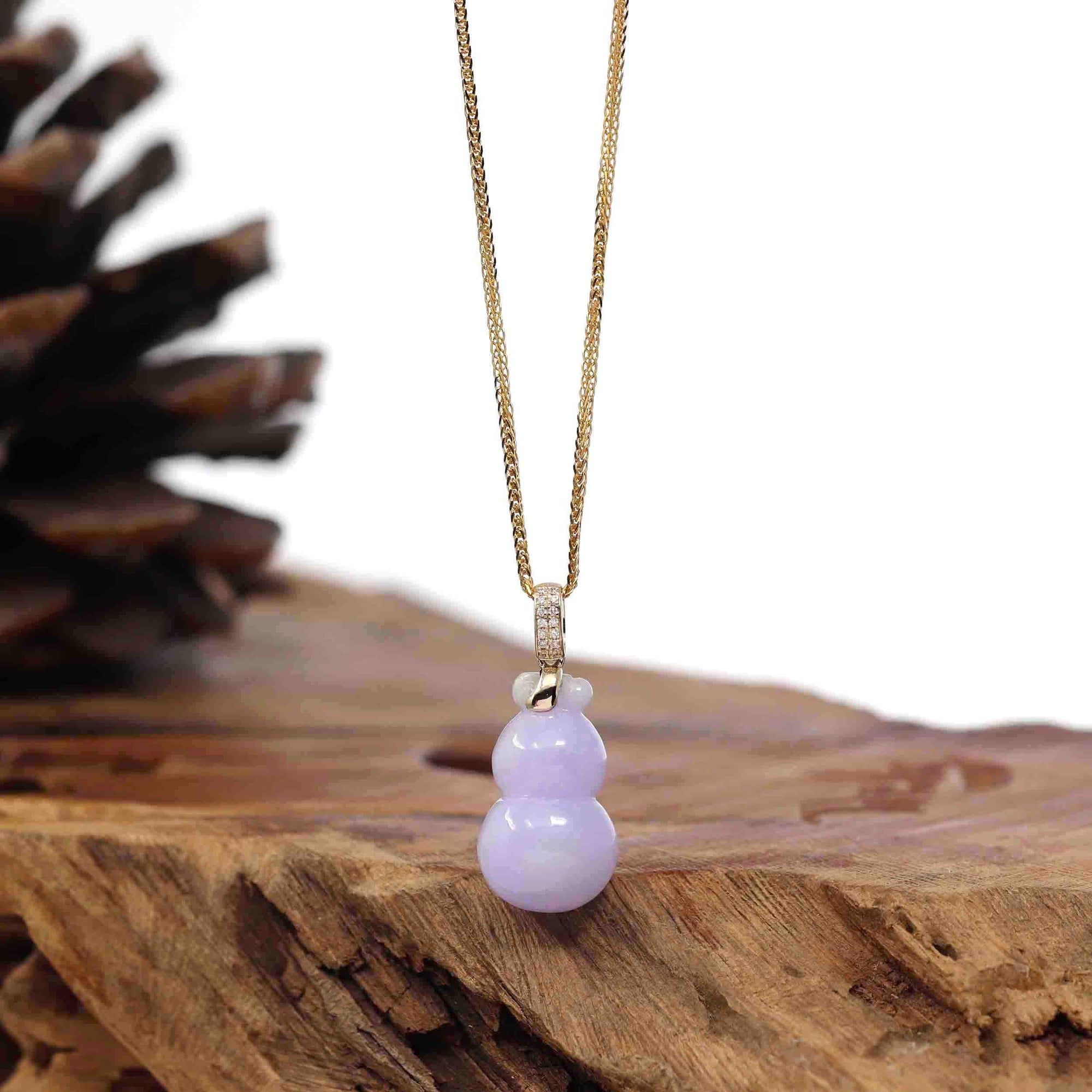 Baikalla Jewelry Jade Pendant Natural Lavender Jadeite Jade &quot;Magic Bottle Gourd&quot; Hulu Necklace With 14k Yellow Gold Diamond Bail