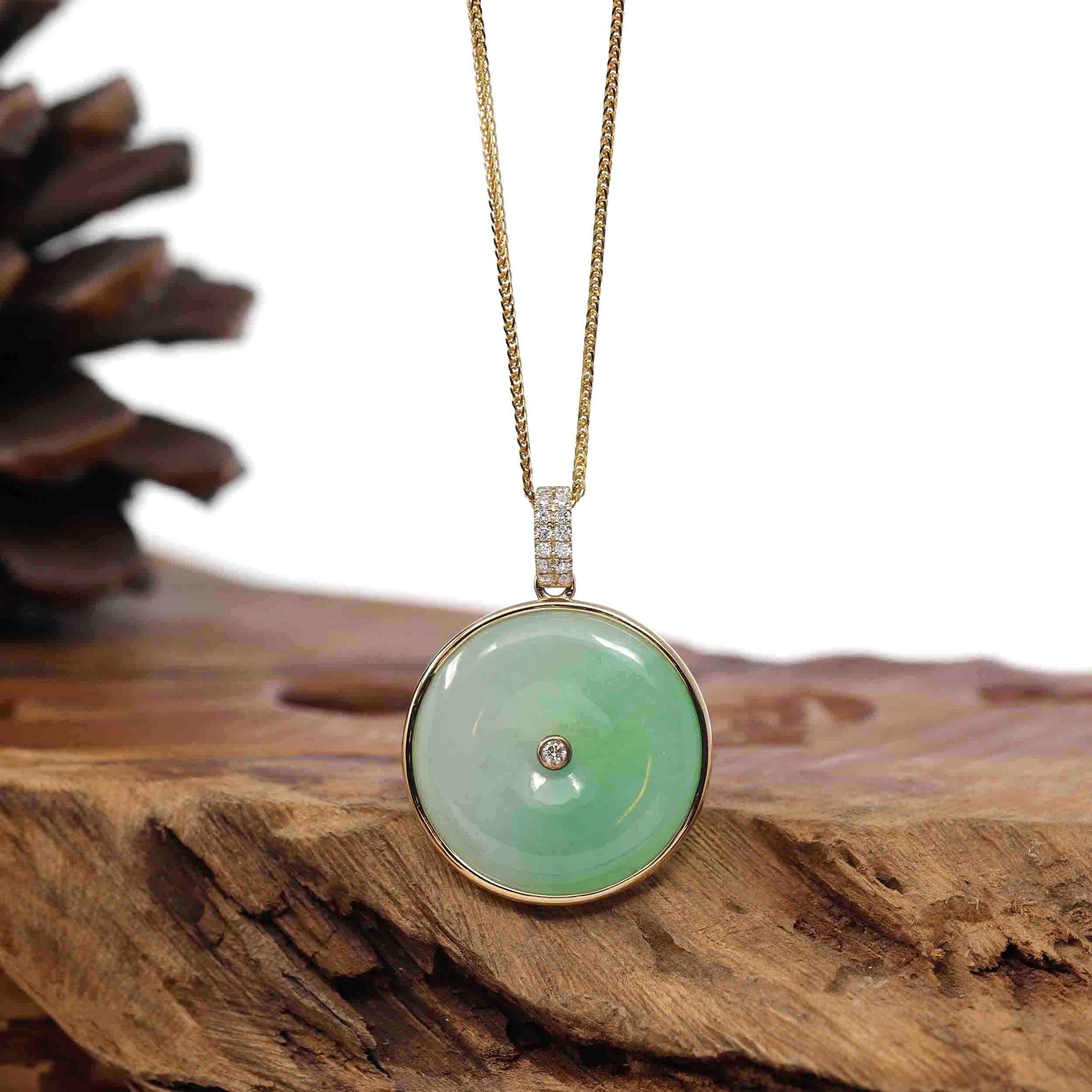 Baikalla Jewelry Gold Jadeite Jade Pendant Necklace 14K Yellow Gold "Good Luck Button" Necklace Ice Green Jadeite Jade Lucky KouKou Pendant Necklace