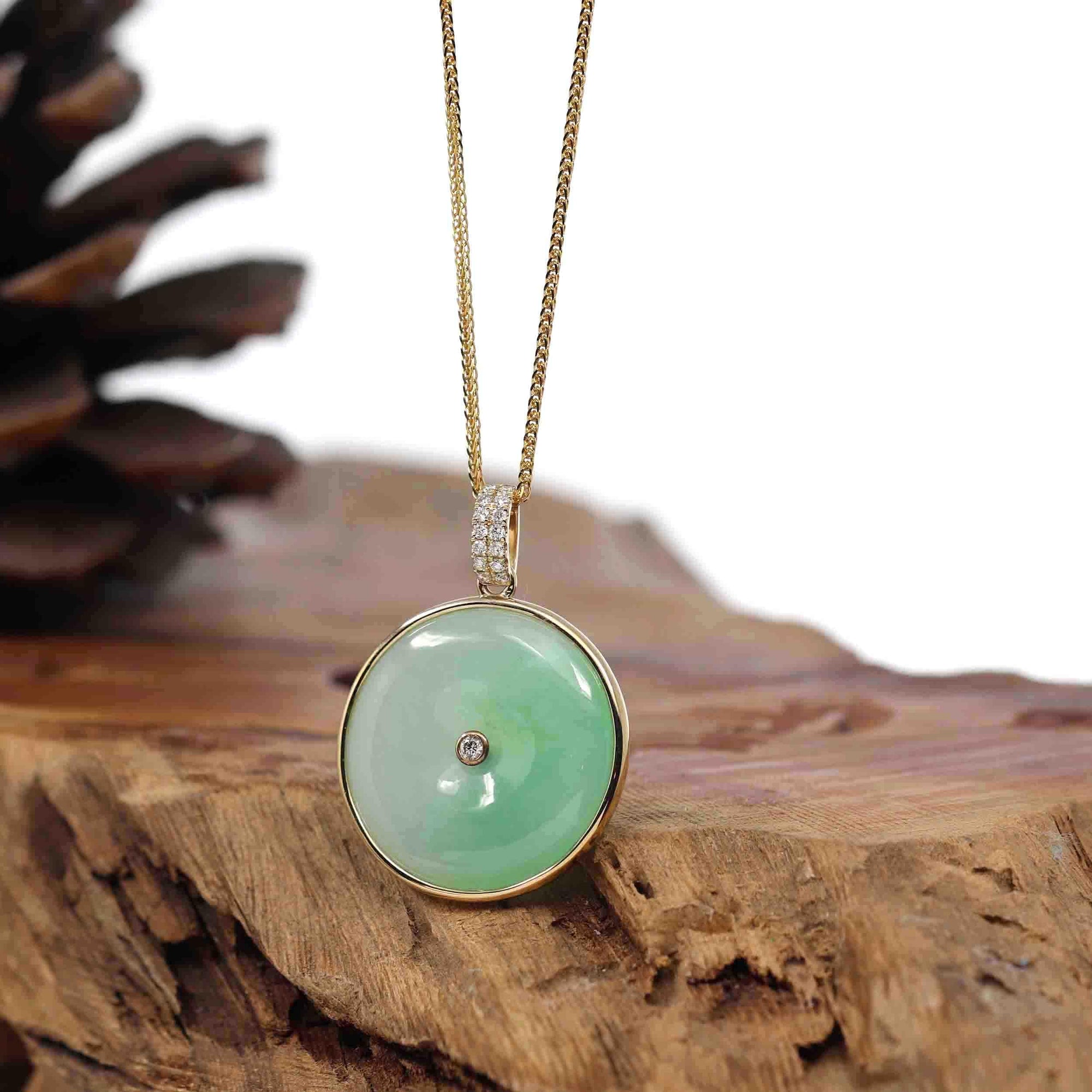 Baikalla Jewelry Gold Jadeite Jade Pendant Necklace 14K Yellow Gold &quot;Good Luck Button&quot; Necklace Ice Green Jadeite Jade Lucky KouKou Pendant Necklace