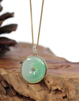 Baikalla Jewelry Gold Jadeite Jade Pendant Necklace 14K Yellow Gold "Good Luck Button" Necklace Ice Green Jadeite Jade Lucky KouKou Pendant Necklace