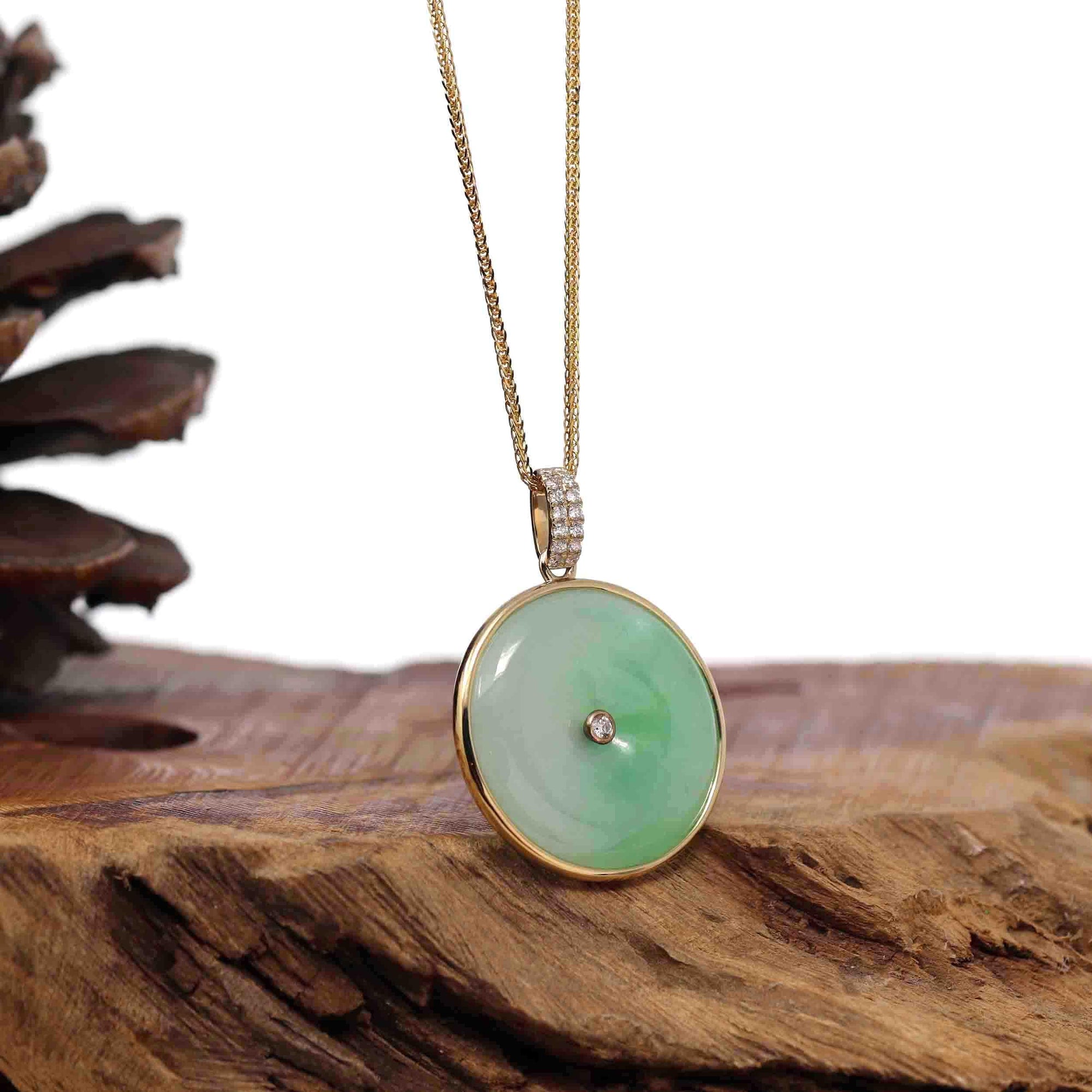 Baikalla Jewelry Gold Jadeite Jade Pendant Necklace 14K Yellow Gold "Good Luck Button" Necklace Ice Green Jadeite Jade Lucky KouKou Pendant Necklace