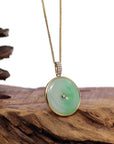 Baikalla Jewelry Gold Jadeite Jade Pendant Necklace 14K Yellow Gold "Good Luck Button" Necklace Ice Green Jadeite Jade Lucky KouKou Pendant Necklace