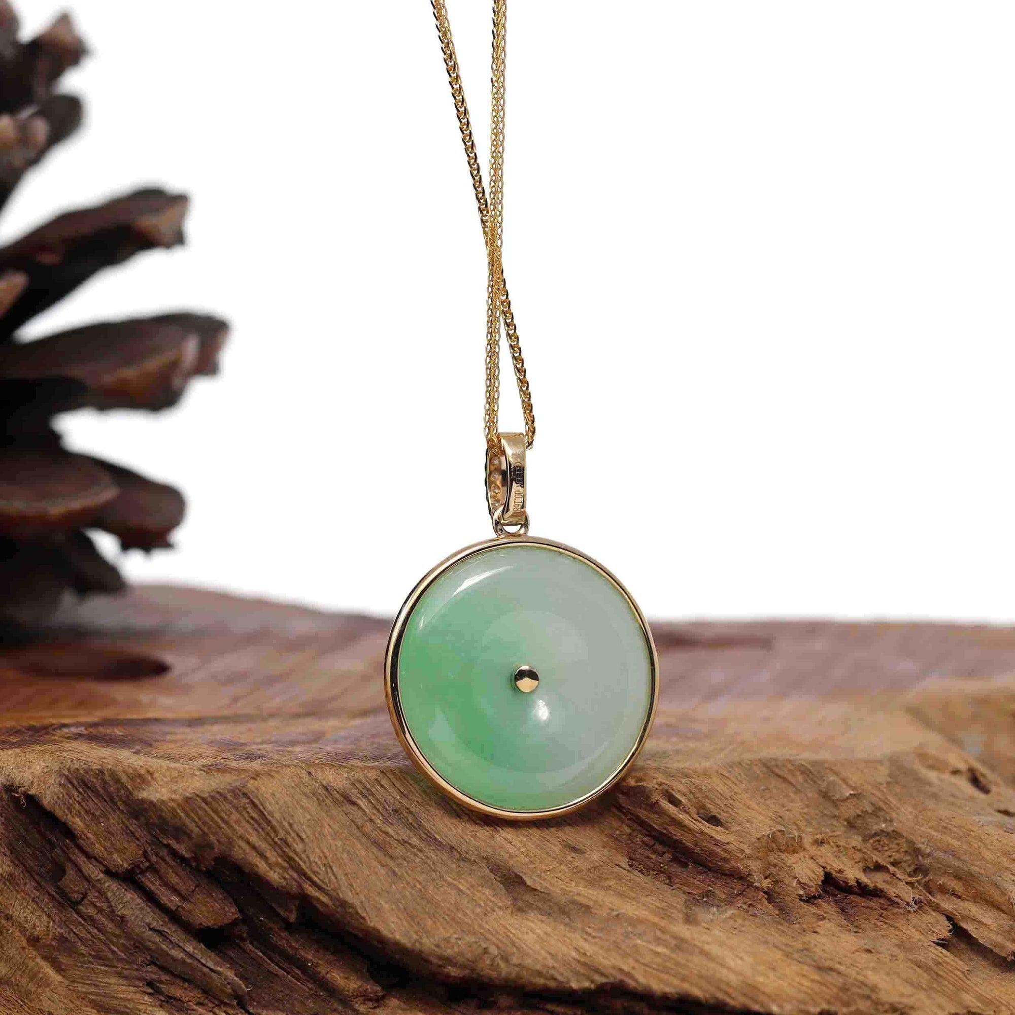 Baikalla Jewelry Gold Jadeite Jade Pendant Necklace 14K Yellow Gold "Good Luck Button" Necklace Ice Green Jadeite Jade Lucky KouKou Pendant Necklace