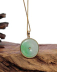 Baikalla Jewelry Gold Jadeite Jade Pendant Necklace 14K Yellow Gold "Good Luck Button" Necklace Ice Green Jadeite Jade Lucky KouKou Pendant Necklace