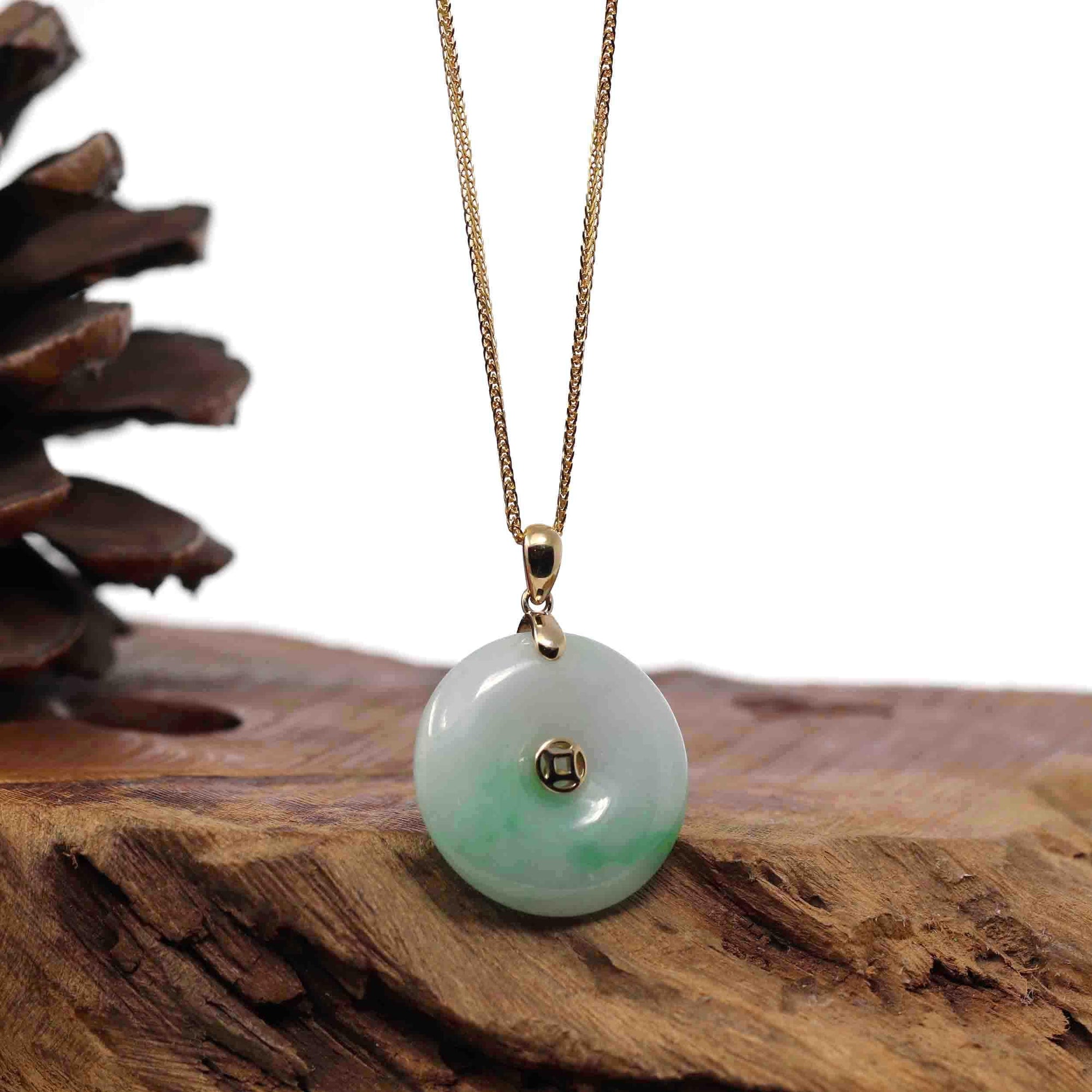 Baikalla Jewelry Gold Jadeite Jade Pendant Necklace "Good Luck Button" Lavender Jadeite Jade Lucky KouKou Pendant With 14K Yellow Gold Bail