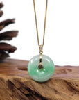 Baikalla Jewelry Gold Jadeite Jade Pendant Necklace "Good Luck Button" Green Jadeite Jade Lucky KouKou Pendant With 14K Yellow Gold  Diamond Bail