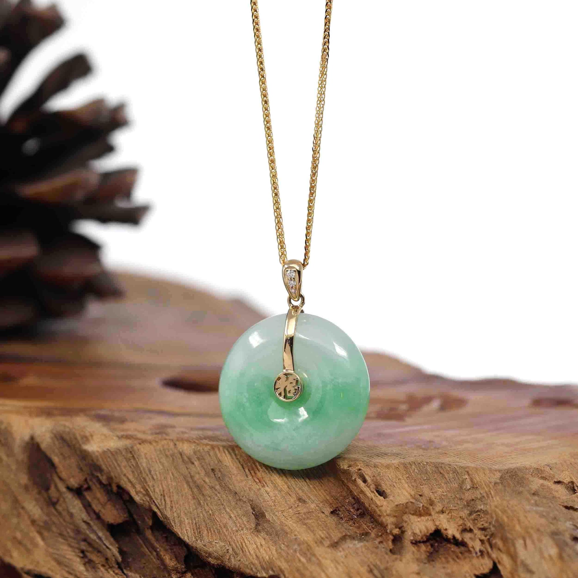 Baikalla Jewelry Gold Jadeite Jade Pendant Necklace &quot;Good Luck Button&quot; Green Jadeite Jade Lucky KouKou Pendant With 14K Yellow Gold  Diamond Bail