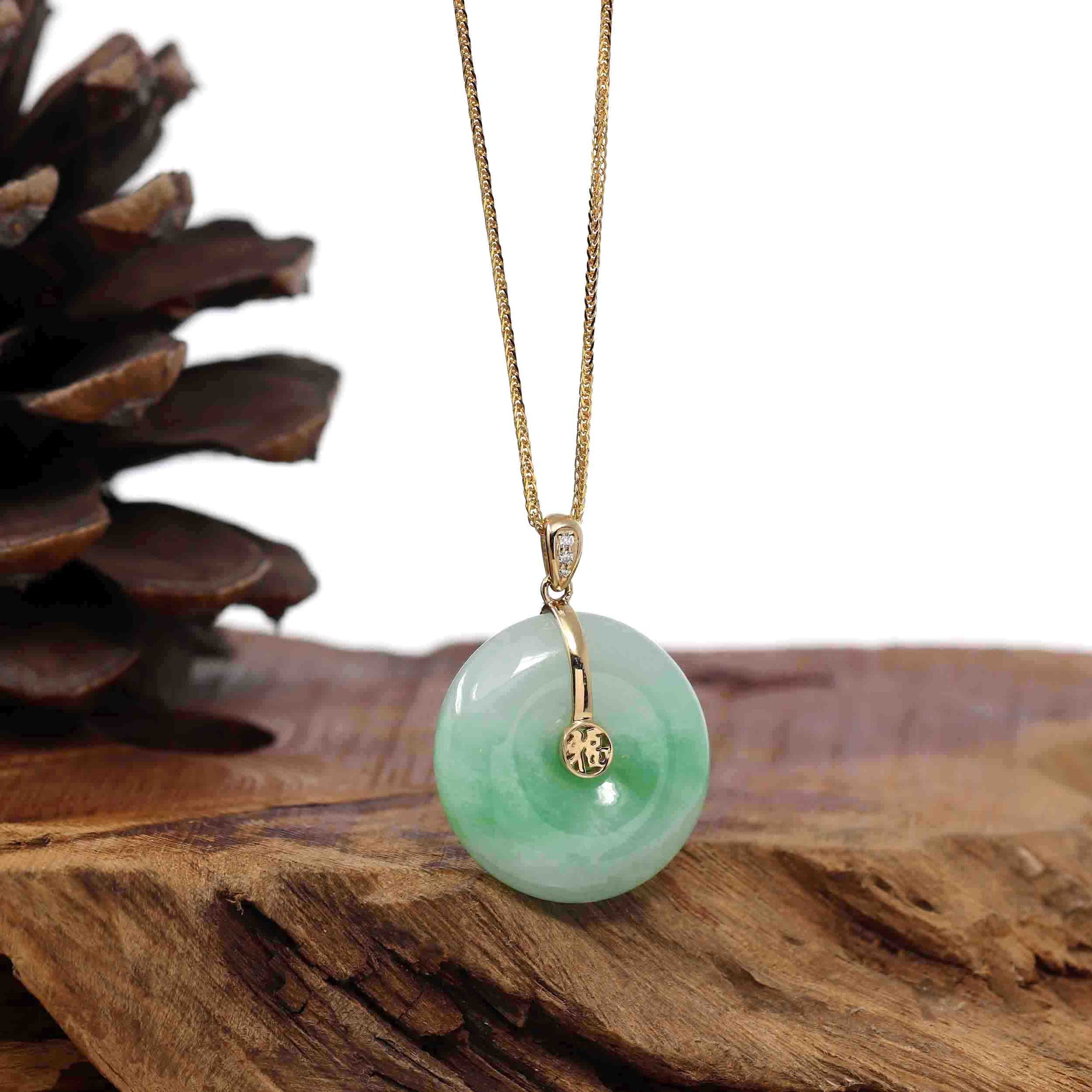 Baikalla Jewelry Gold Jadeite Jade Pendant Necklace "Good Luck Button" Green Jadeite Jade Lucky KouKou Pendant With 14K Yellow Gold  Diamond Bail