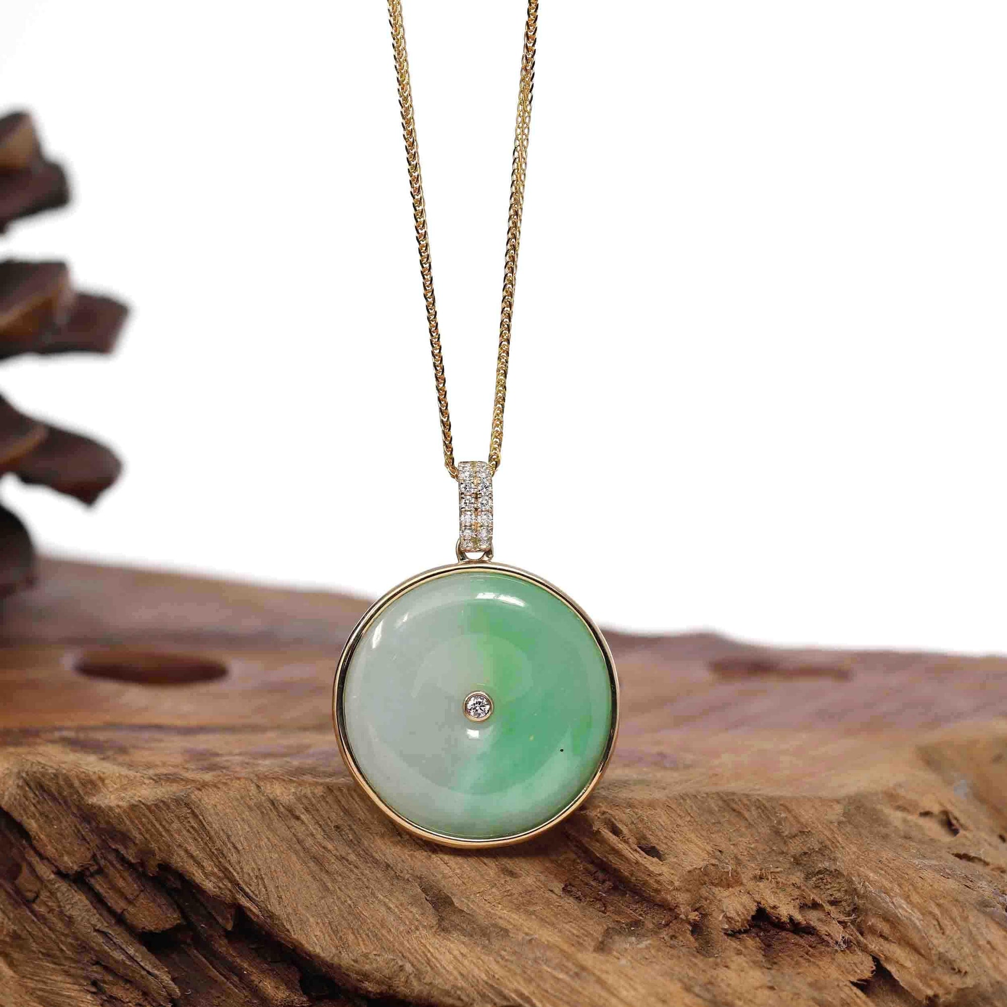 Baikalla Jewelry Gold Jadeite Jade Pendant Necklace 14K Yellow Gold "Good Luck Button" Necklace Ice Green Jadeite Jade Lucky KouKou Pendant Necklace