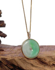 Baikalla Jewelry Gold Jadeite Jade Pendant Necklace 14K Yellow Gold "Good Luck Button" Necklace Ice Green Jadeite Jade Lucky KouKou Pendant Necklace