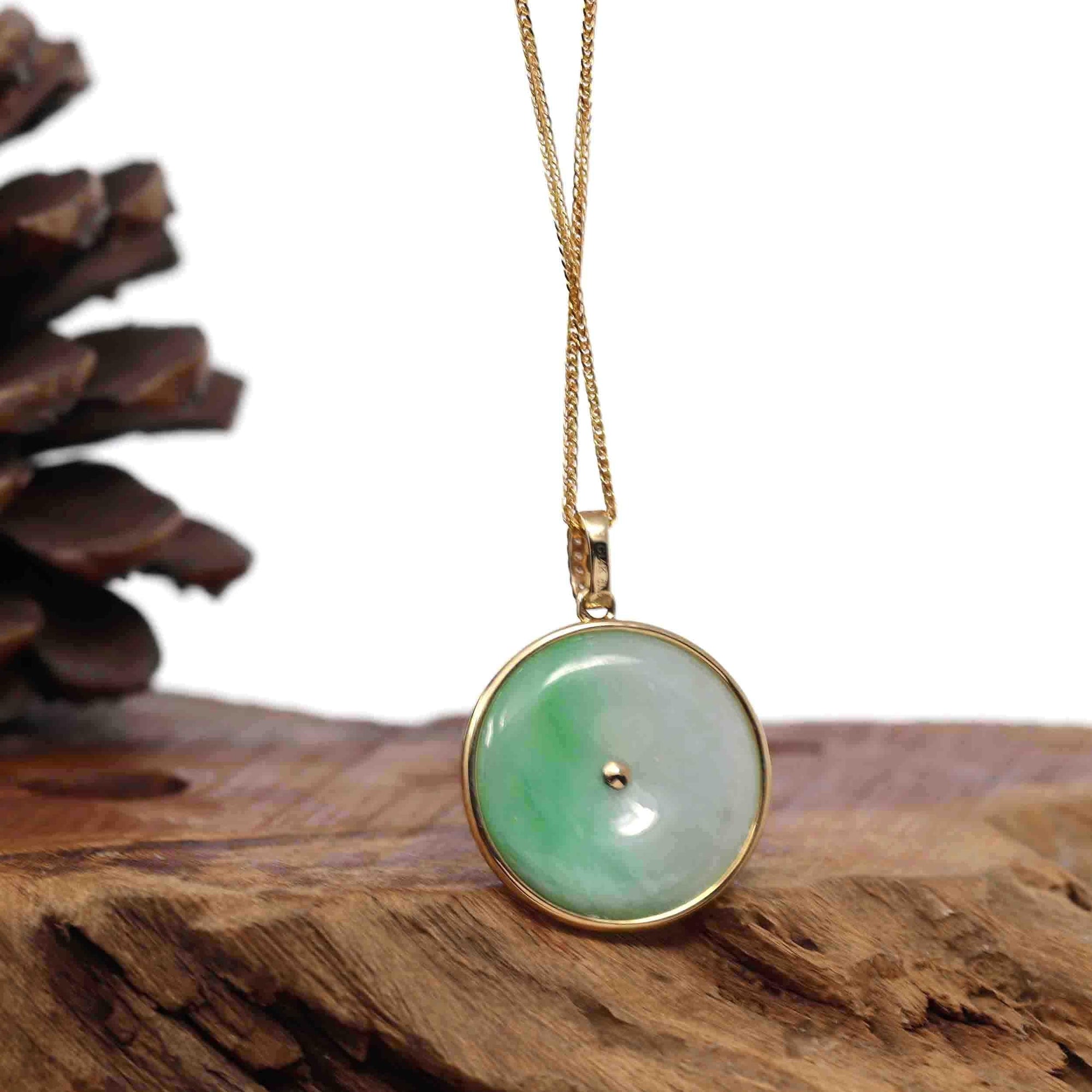 Baikalla Jewelry Gold Jadeite Jade Pendant Necklace 14K Yellow Gold "Good Luck Button" Necklace Ice Green Jadeite Jade Lucky KouKou Pendant Necklace