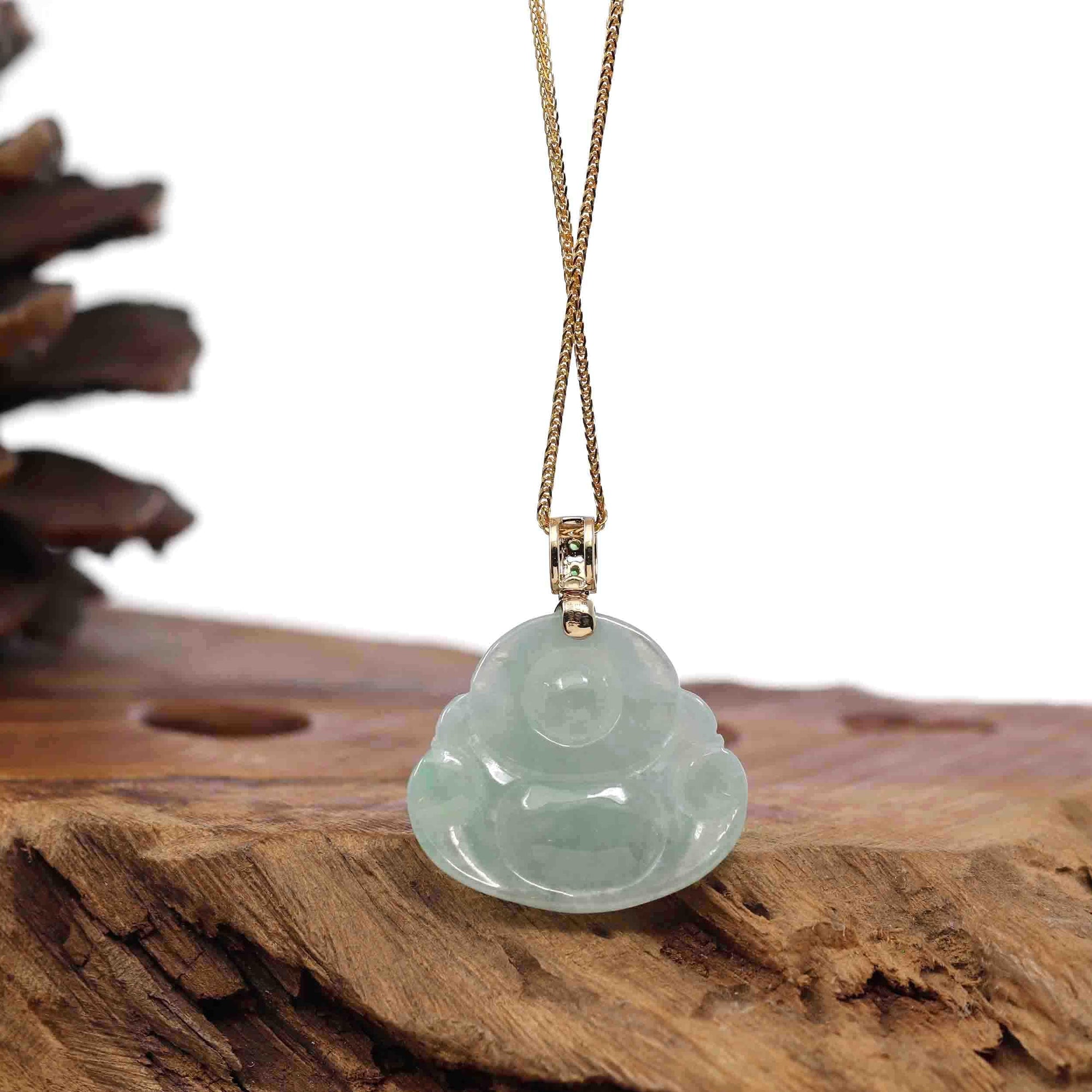 Baikalla Jewelry Gold Jadeite Jade Pendant Necklace Natural Burmese Jadeite Jade Happy Buddha With 14k Yellow Gold AAA Tsavorite Bail