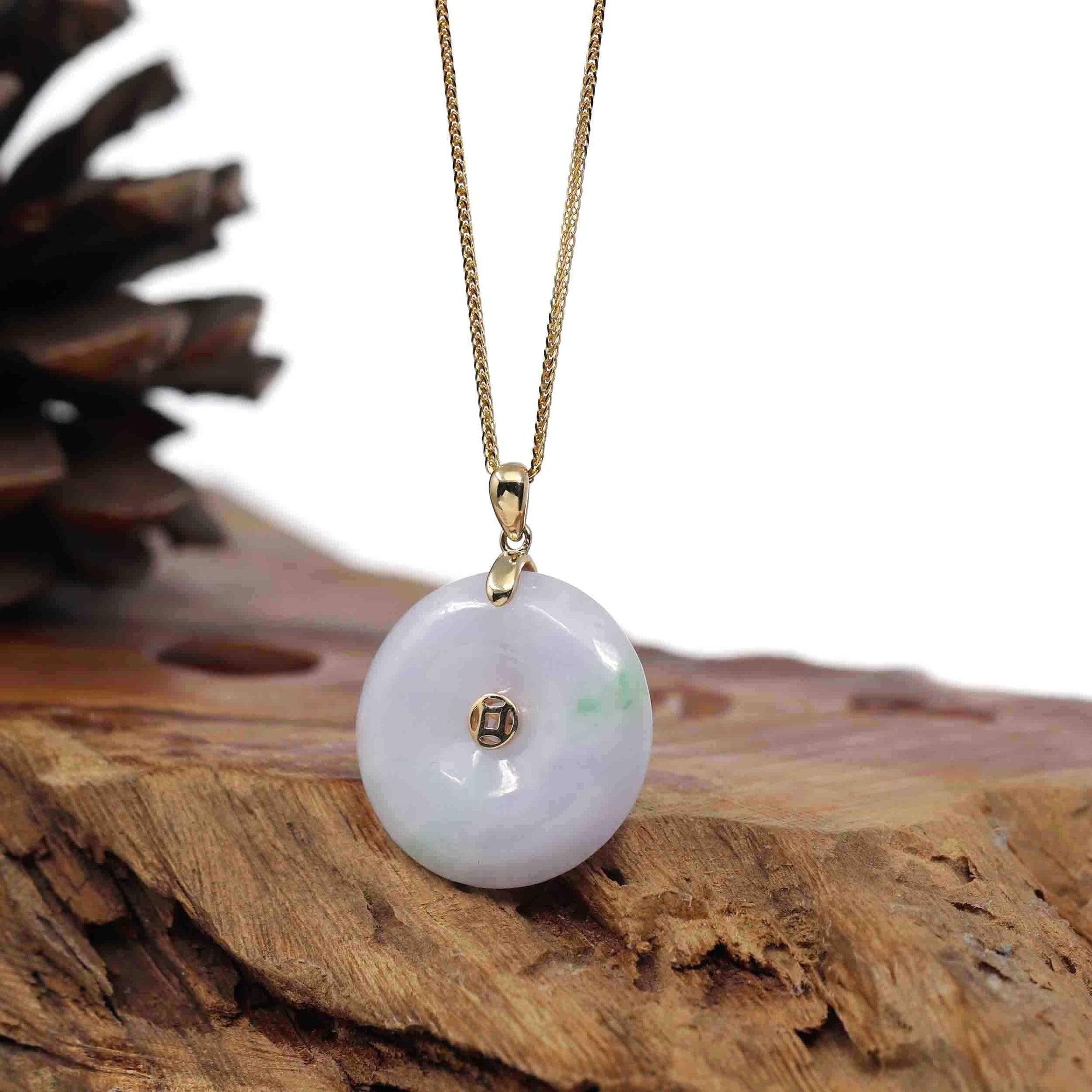 Baikalla Jewelry Gold Jadeite Jade Pendant Necklace "Good Luck Button" Lavender Jadeite Jade Lucky KouKou Pendant With 14K Yellow Gold Bail