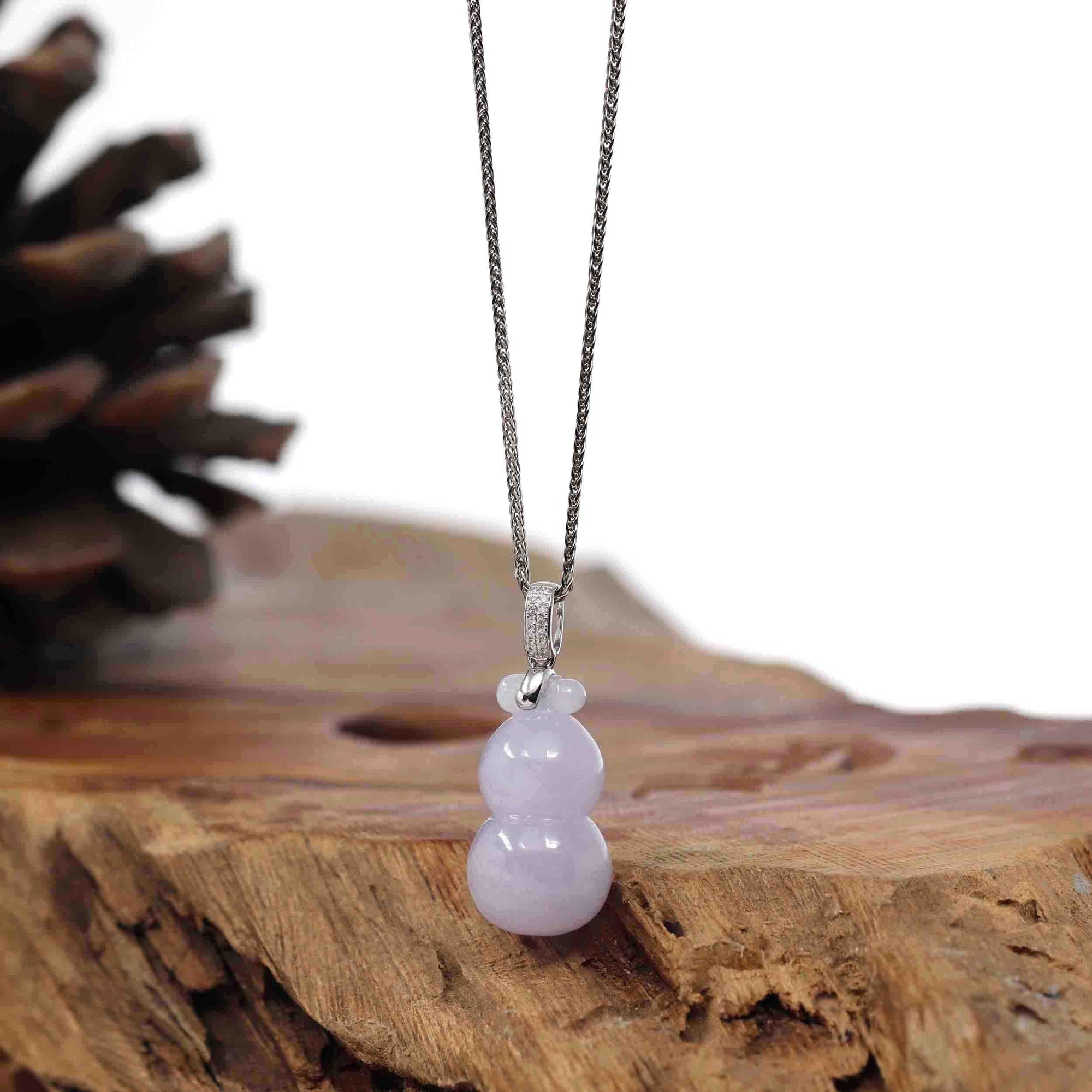 Baikalla Jewelry Jade Pendant Natural Lavender Jadeite Jade &quot;Magic Bottle Gourd&quot; Hulu Necklace With 14k White Gold Diamond Bail