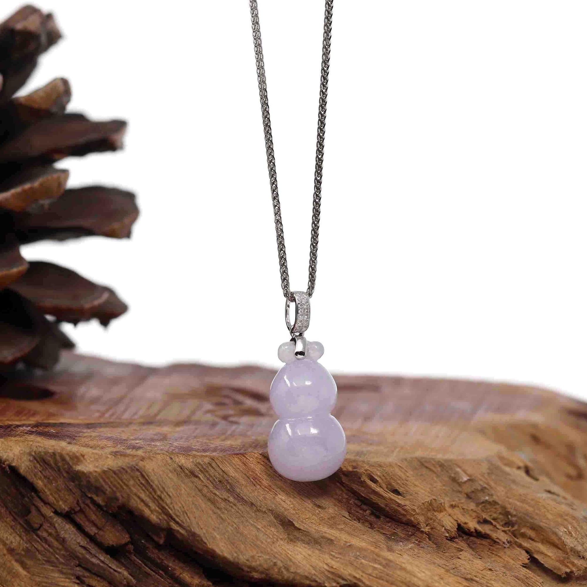 Baikalla Jewelry Jade Pendant Natural Lavender Jadeite Jade &quot;Magic Bottle Gourd&quot; Hulu Necklace With 14k White Gold Diamond Bail