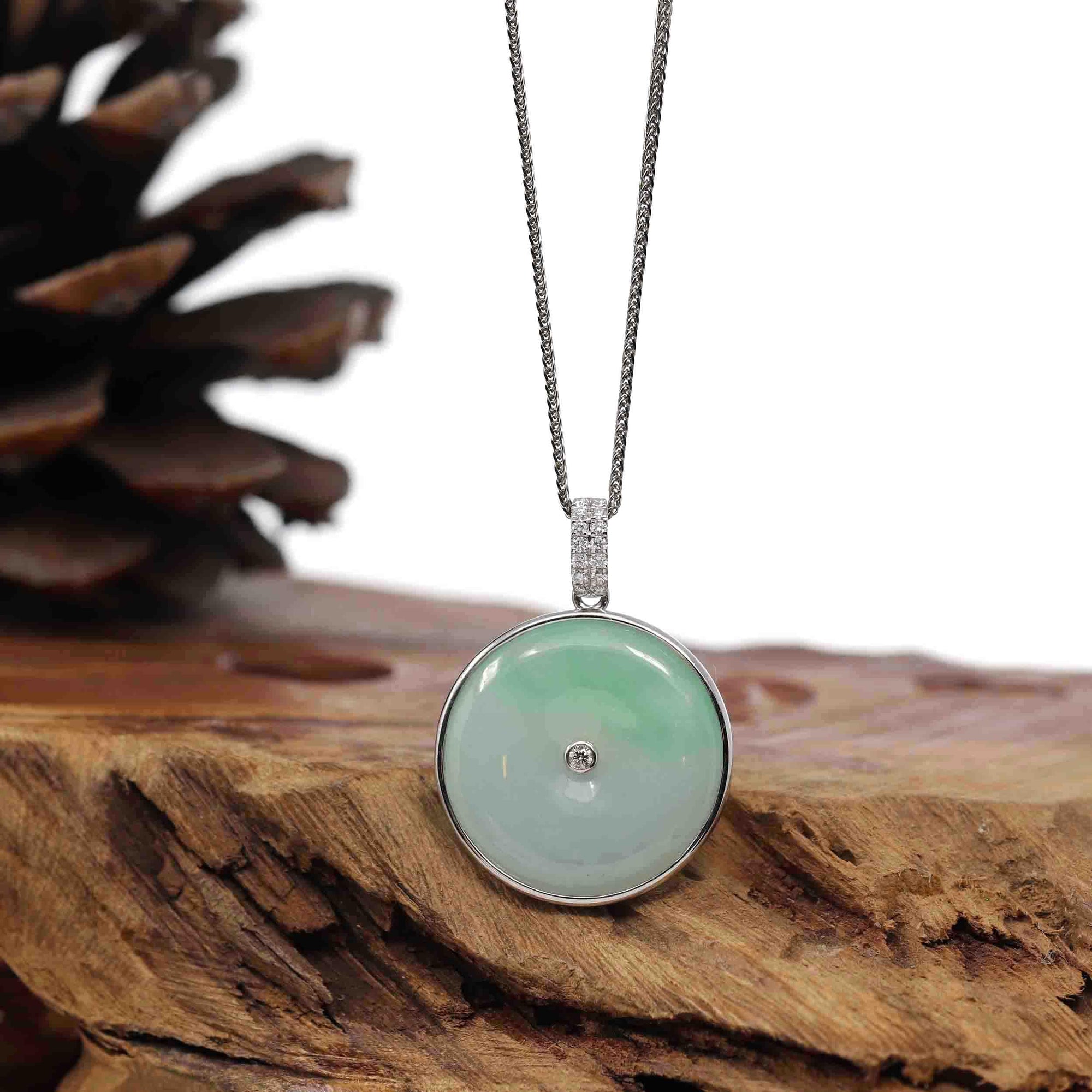 Baikalla Jewelry Gold Jadeite Jade Pendant Necklace 14K White Gold &quot;Good Luck Button&quot; Necklace Ice Green Jadeite Jade Lucky KouKou Pendant Necklace