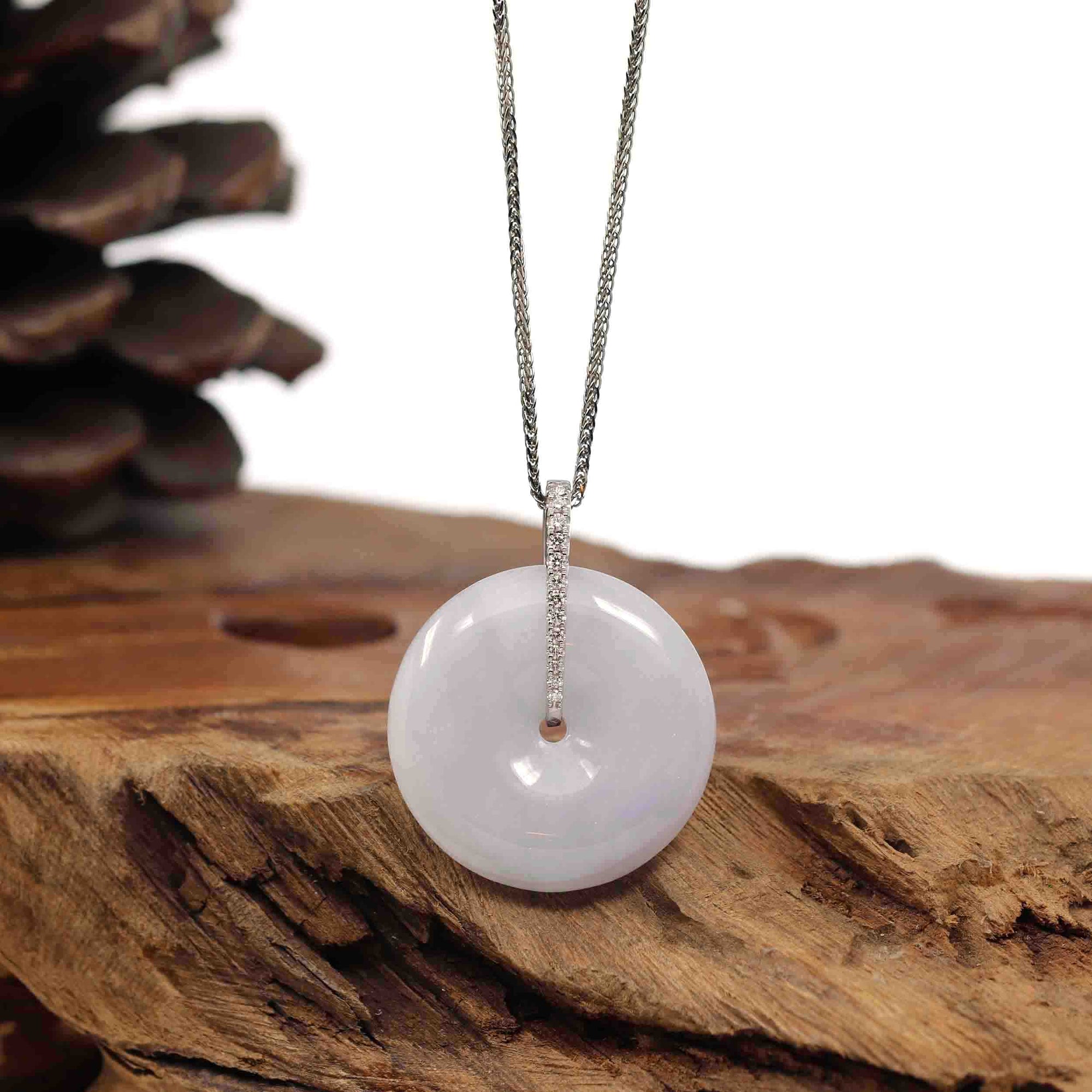 Baikalla Jewelry Gold Jadeite Jade Pendant Necklace 14K White Gold &quot;Good Luck Button&quot; Necklace Ice Lavender Jadeite Jade Pendant Necklace