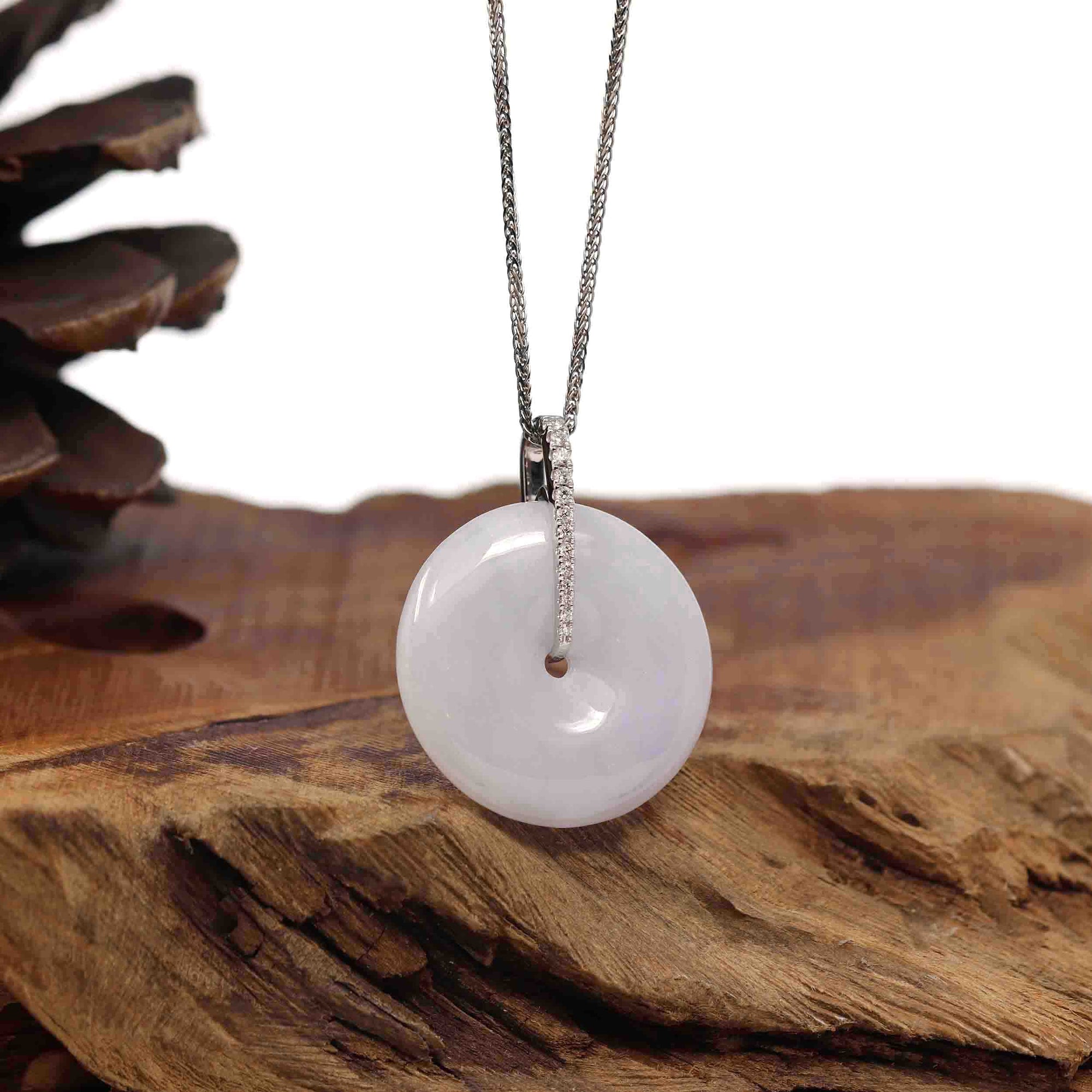 Baikalla Jewelry Gold Jadeite Jade Pendant Necklace 14K White Gold "Good Luck Button" Necklace Ice Lavender Jadeite Jade Pendant Necklace