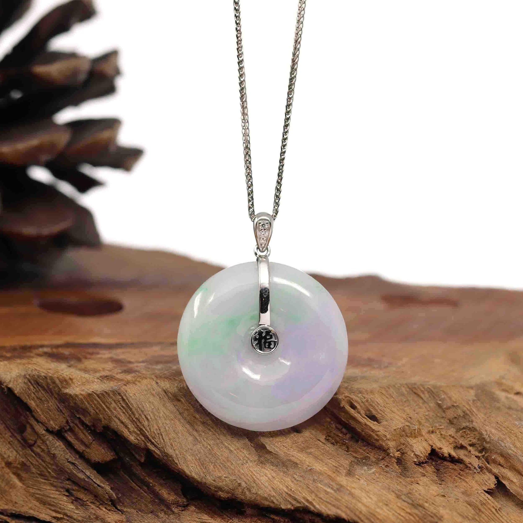 Baikalla Jewelry Gold Jadeite Jade Pendant Necklace "Good Luck Button" Lavender Jadeite Jade Lucky KouKou Pendant With 14K White Gold Diamond Bail