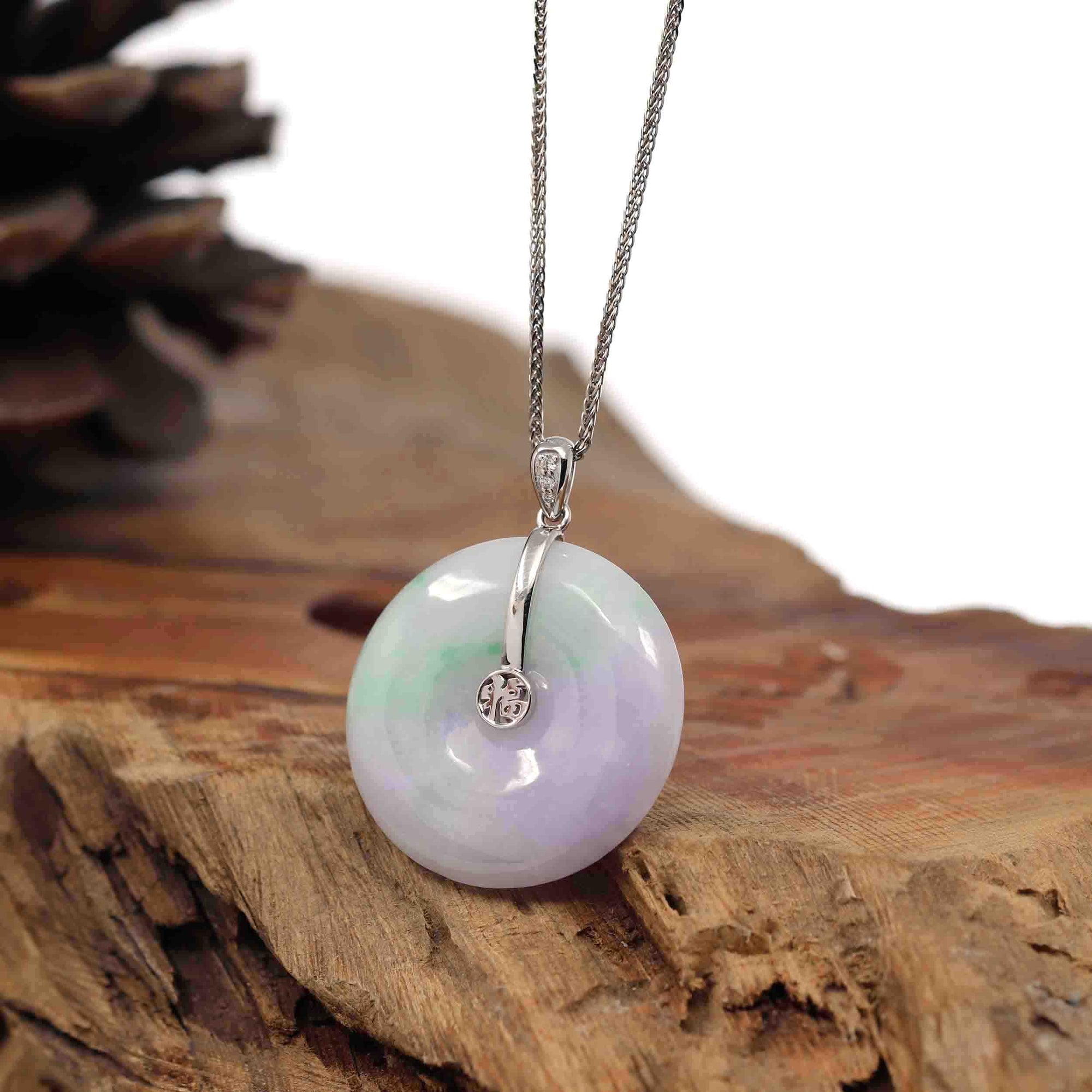 Baikalla Jewelry Gold Jadeite Jade Pendant Necklace Pendant Only &quot;Good Luck Button&quot; Lavender Jadeite Jade Lucky KouKou Pendant With 14K White Gold Diamond Bail