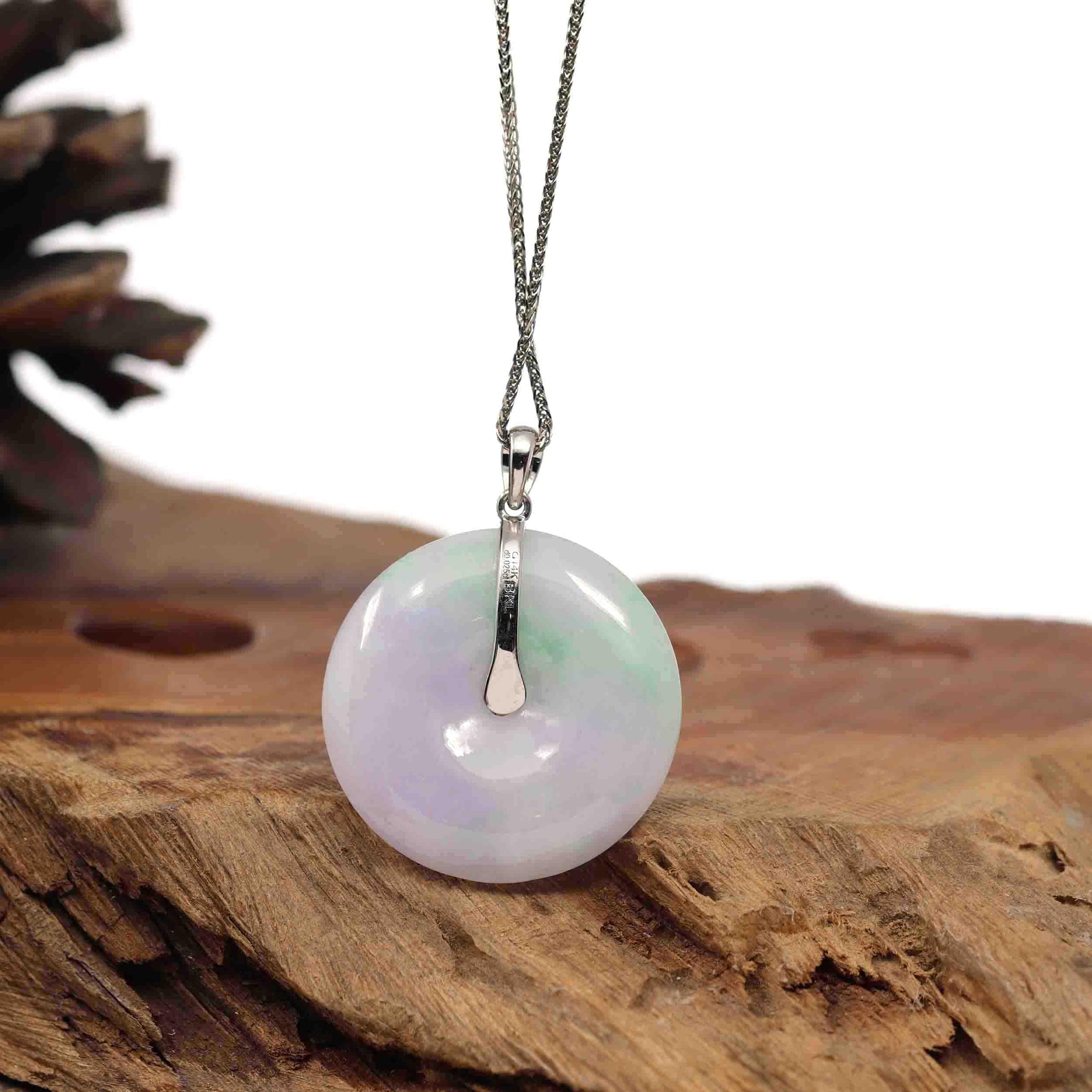 Baikalla Jewelry Gold Jadeite Jade Pendant Necklace &quot;Good Luck Button&quot; Lavender Jadeite Jade Lucky KouKou Pendant With 14K White Gold Diamond Bail