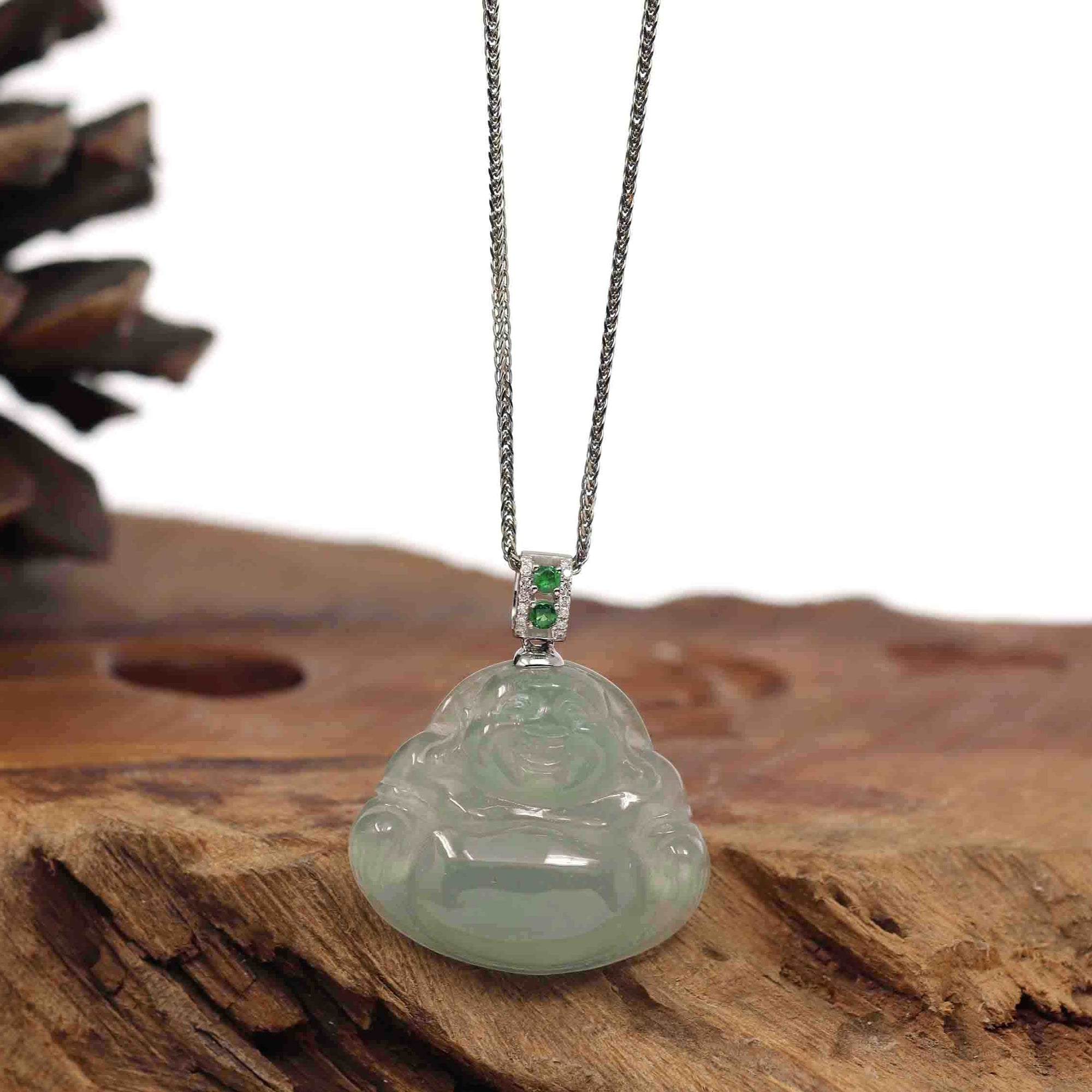 Baikalla Jewelry Gold Jadeite Jade Pendant Necklace Natural Burmese Ice Jadeite Jade Happy Buddha With 14k White Gold AA Emerald Bail