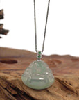 Baikalla Jewelry Gold Jadeite Jade Pendant Necklace Natural Burmese Ice Jadeite Jade Happy Buddha With 14k White Gold AA Emerald Bail