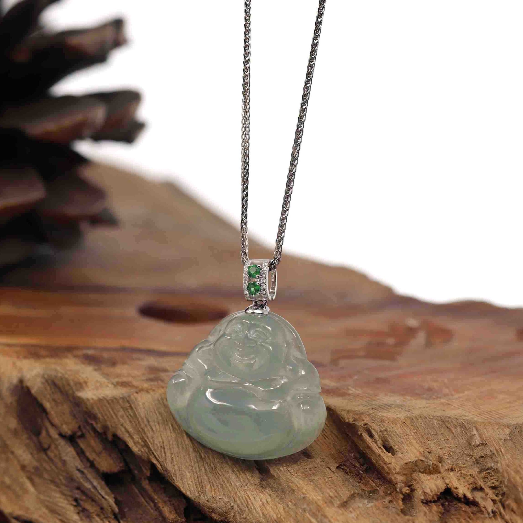 Baikalla Jewelry Gold Jadeite Jade Pendant Necklace Natural Burmese Ice Jadeite Jade Happy Buddha With 14k White Gold AA Emerald Bail