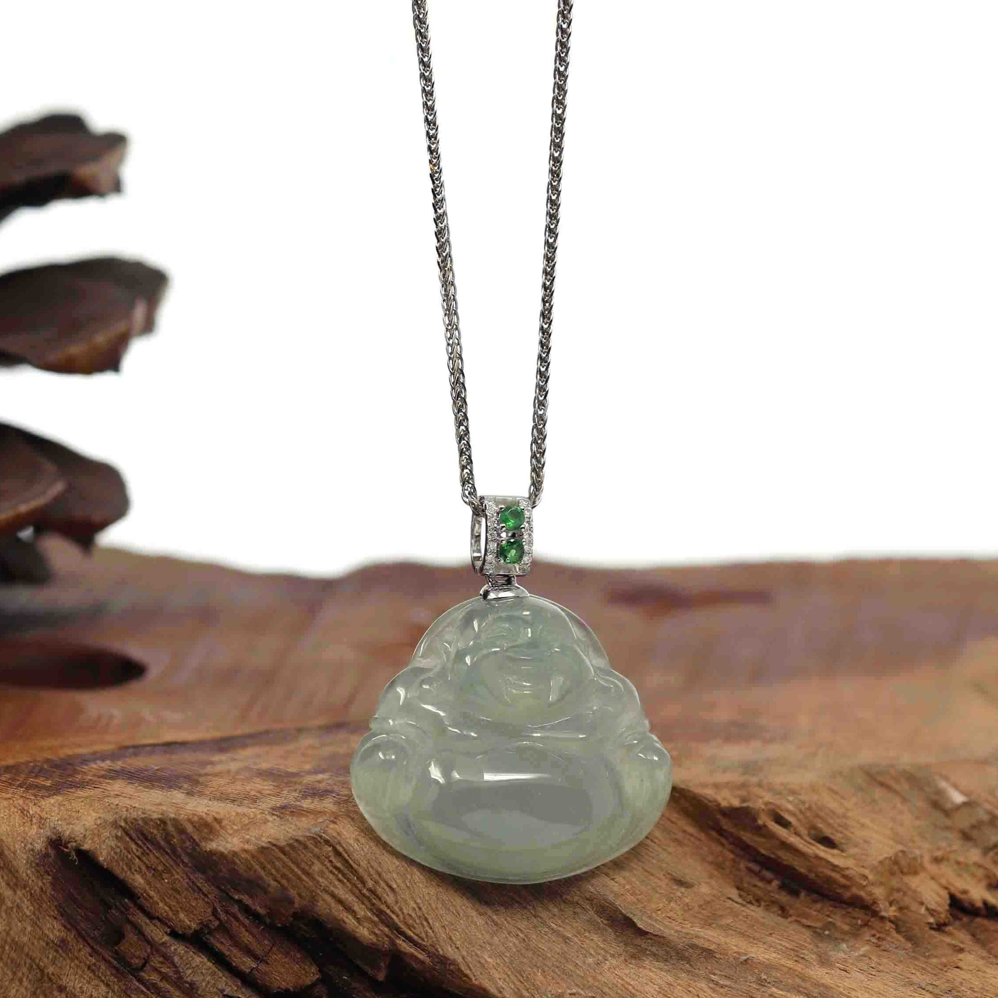 Baikalla Jewelry Gold Jadeite Jade Pendant Necklace Natural Burmese Ice Jadeite Jade Happy Buddha With 14k White Gold AA Emerald Bail