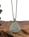 Baikalla Jewelry Gold Jadeite Jade Pendant Necklace Natural Burmese Ice Jadeite Jade Happy Buddha With 14k White Gold AA Emerald Bail