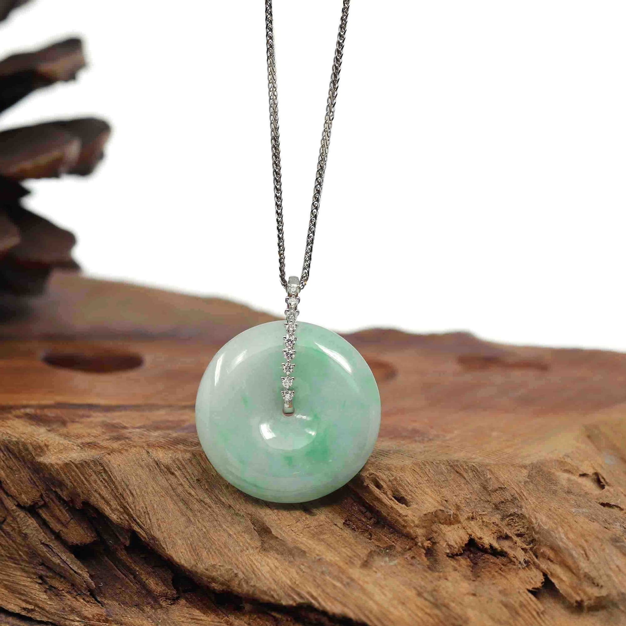 Baikalla Jewelry Gold Jadeite Jade Pendant Necklace Pendant Only Genuine Green Jadeite Jade Lucky KouKou &quot; Ping An Kou &quot; Pendant With 14K White Gold Bail &amp; VS1 Diamond In Center.