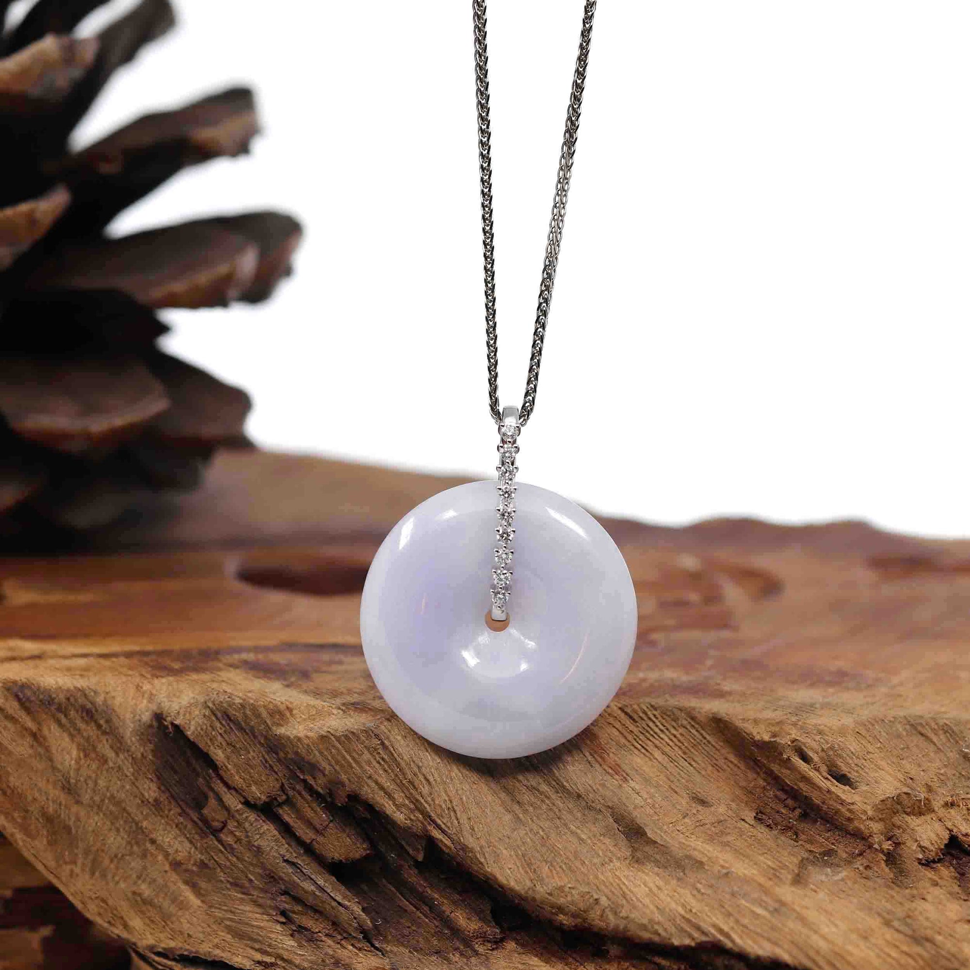 Baikalla Jewelry Gold Jadeite Jade Pendant Necklace 14K White Gold &quot;Good Luck Button&quot; Necklace Lavender Jadeite Jade Pendant Necklace