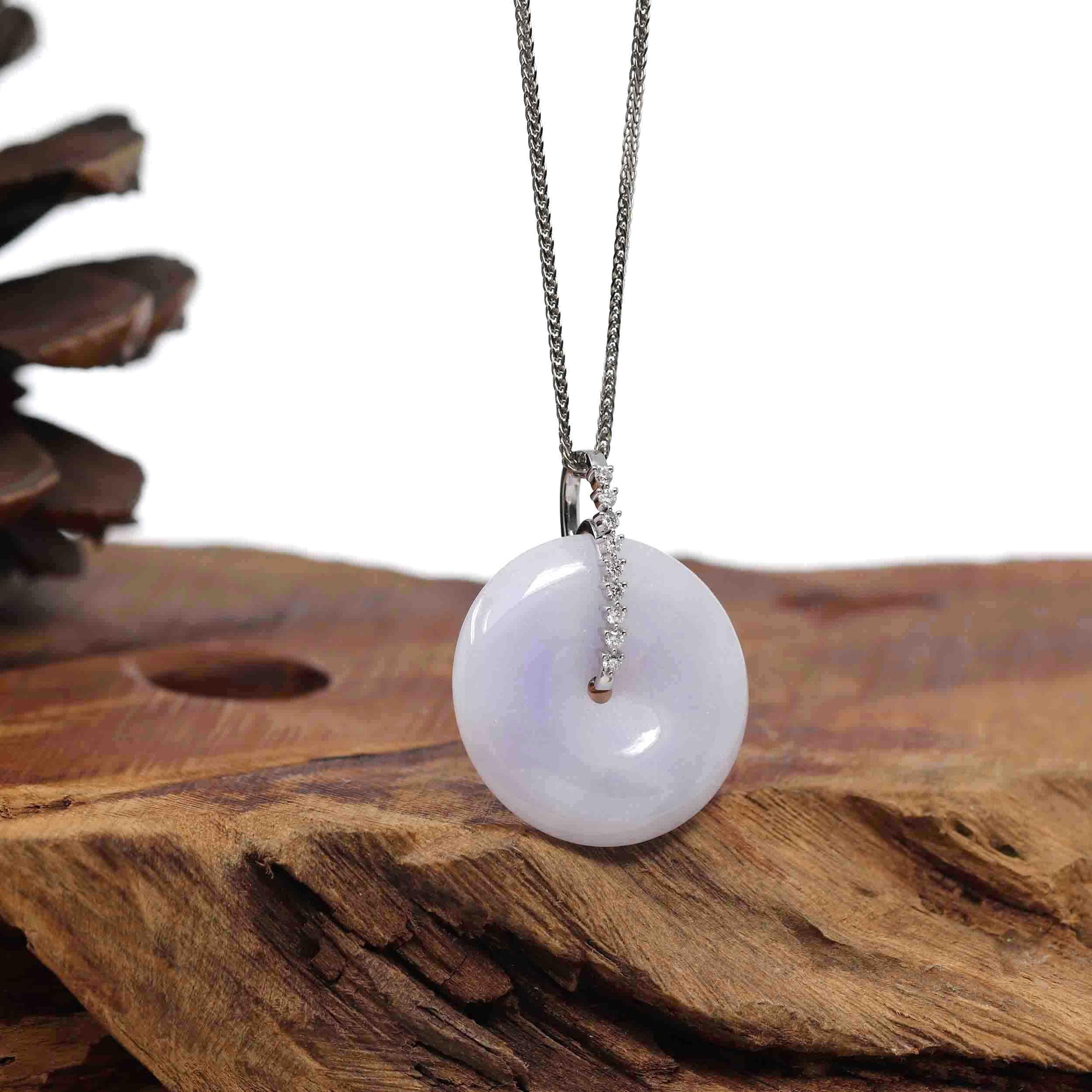 Baikalla Jewelry Gold Jadeite Jade Pendant Necklace 14K White Gold &quot;Good Luck Button&quot; Necklace Lavender Jadeite Jade Pendant Necklace