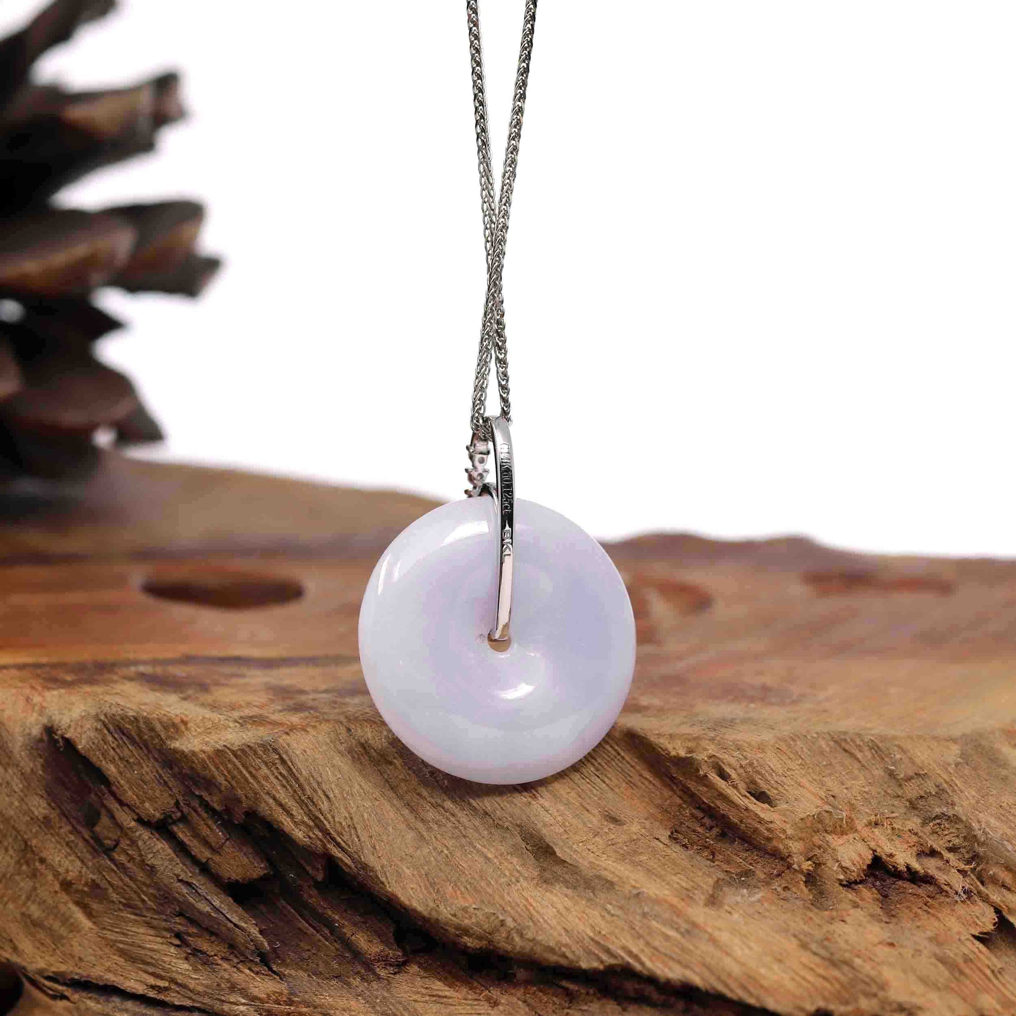 Baikalla Jewelry Gold Jadeite Jade Pendant Necklace 14K White Gold &quot;Good Luck Button&quot; Necklace Lavender Jadeite Jade Pendant Necklace