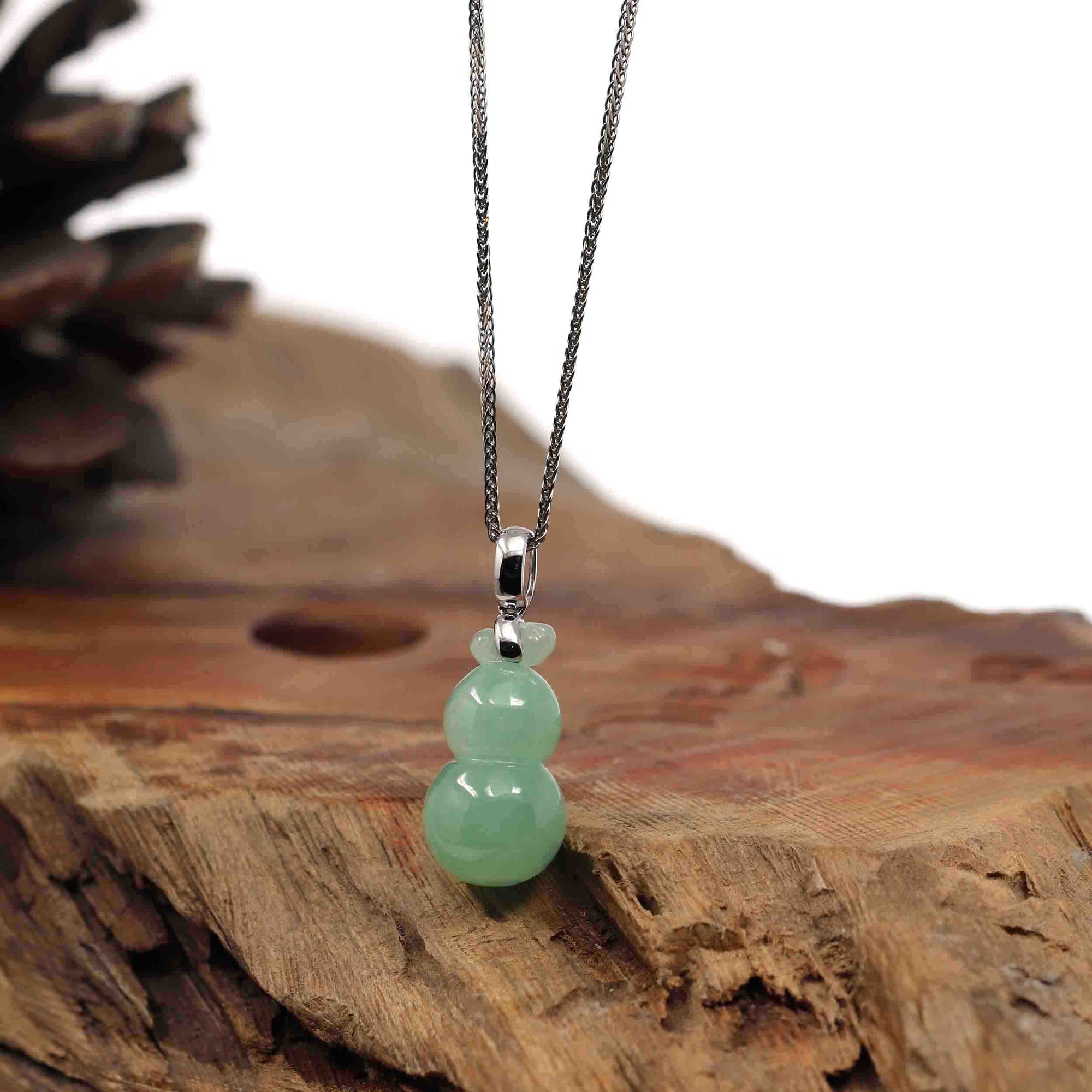 Baikalla Jewelry Jade Pendant 14K White Gold Jadeite Jade Good Luck Hulu Bottle Gourd Necklace