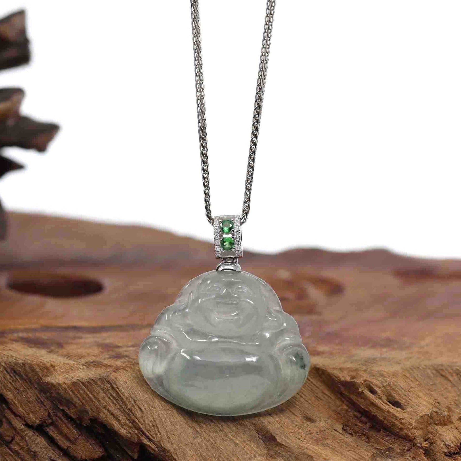 Baikalla Jewelry Gold Jadeite Jade Pendant Necklace Pendant Only Natural Burmese Jadeite Jade Happy Buddha With 14k White Gold AA Emerald Bail