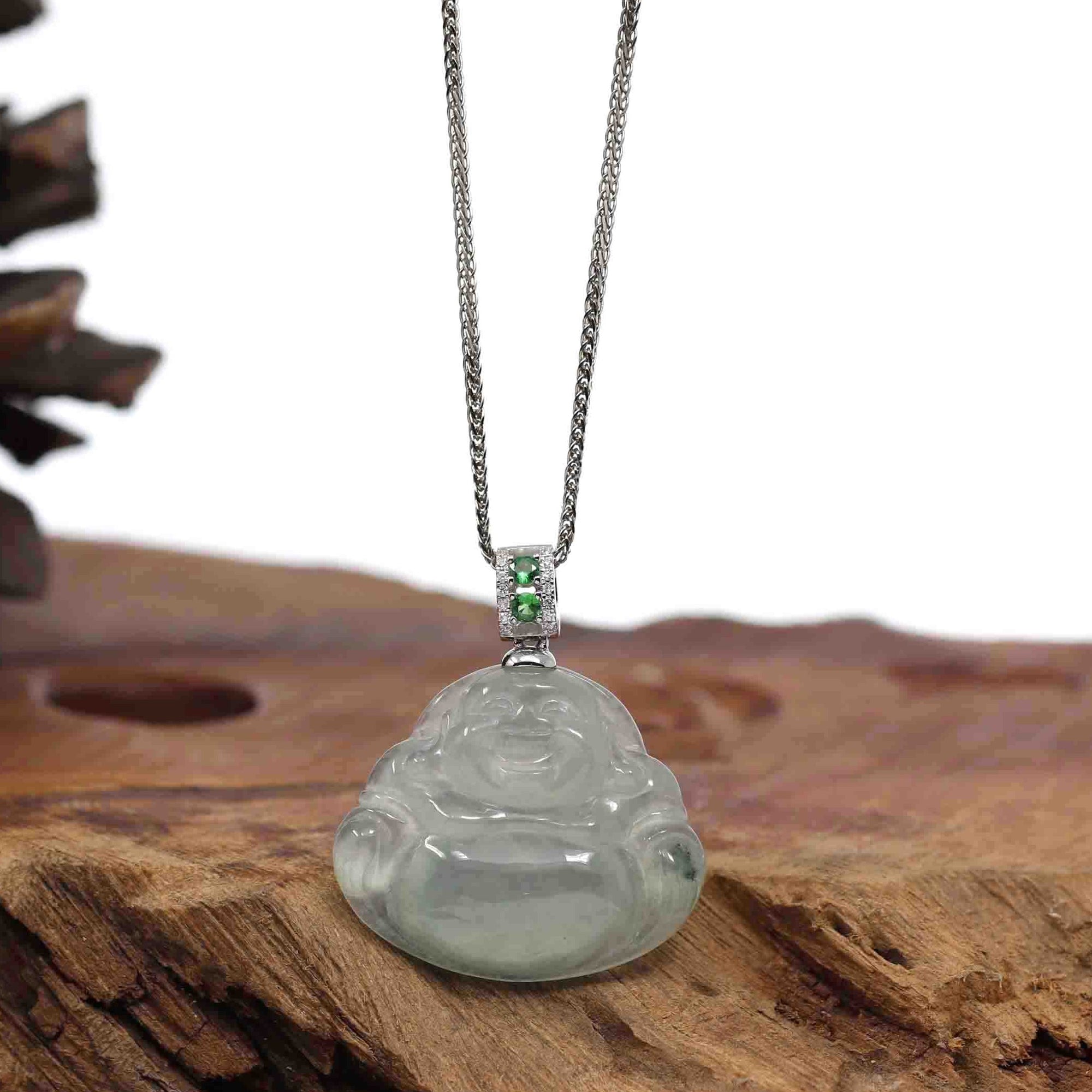 Baikalla Jewelry Gold Jadeite Jade Pendant Necklace Natural Burmese Jadeite Jade Happy Buddha With 14k White Gold AA Emerald Bail