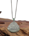 Baikalla Jewelry Gold Jadeite Jade Pendant Necklace Natural Burmese Jadeite Jade Happy Buddha With 14k White Gold AA Emerald Bail