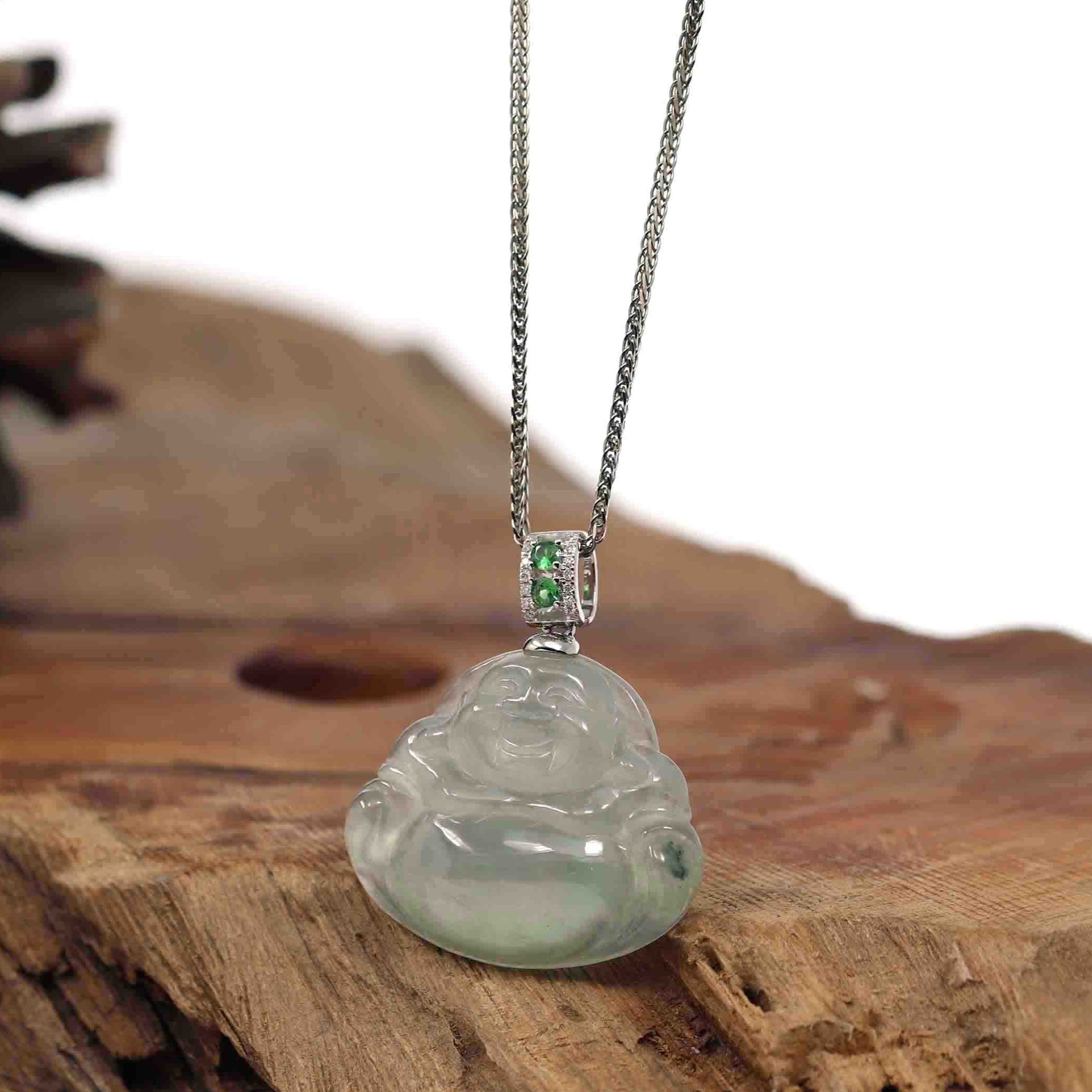 Baikalla Jewelry Gold Jadeite Jade Pendant Necklace Natural Burmese Jadeite Jade Happy Buddha With 14k White Gold AA Emerald Bail