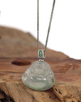 Baikalla Jewelry Gold Jadeite Jade Pendant Necklace Natural Burmese Jadeite Jade Happy Buddha With 14k White Gold AA Emerald Bail