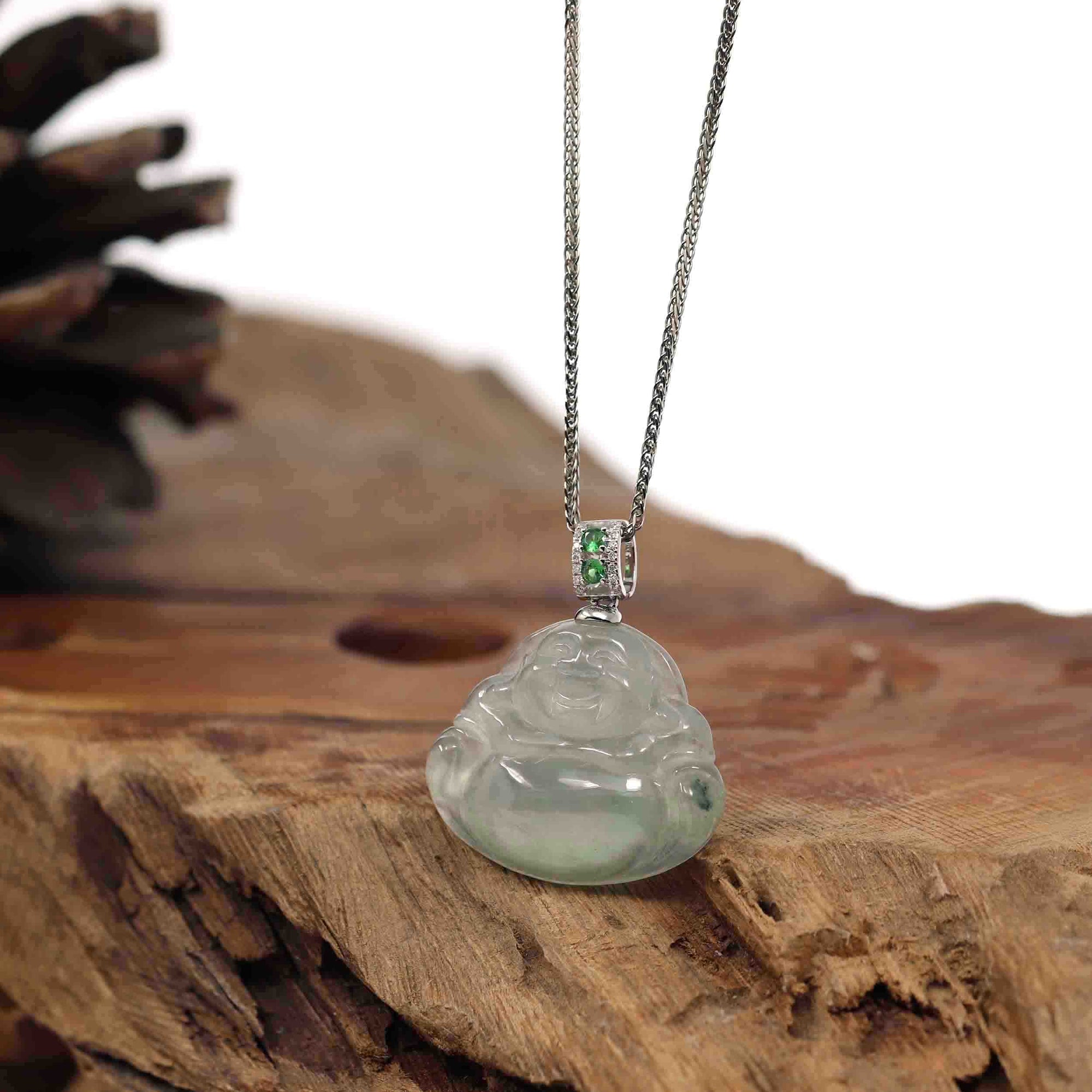 Baikalla Jewelry Gold Jadeite Jade Pendant Necklace Natural Burmese Jadeite Jade Happy Buddha With 14k White Gold AA Emerald Bail