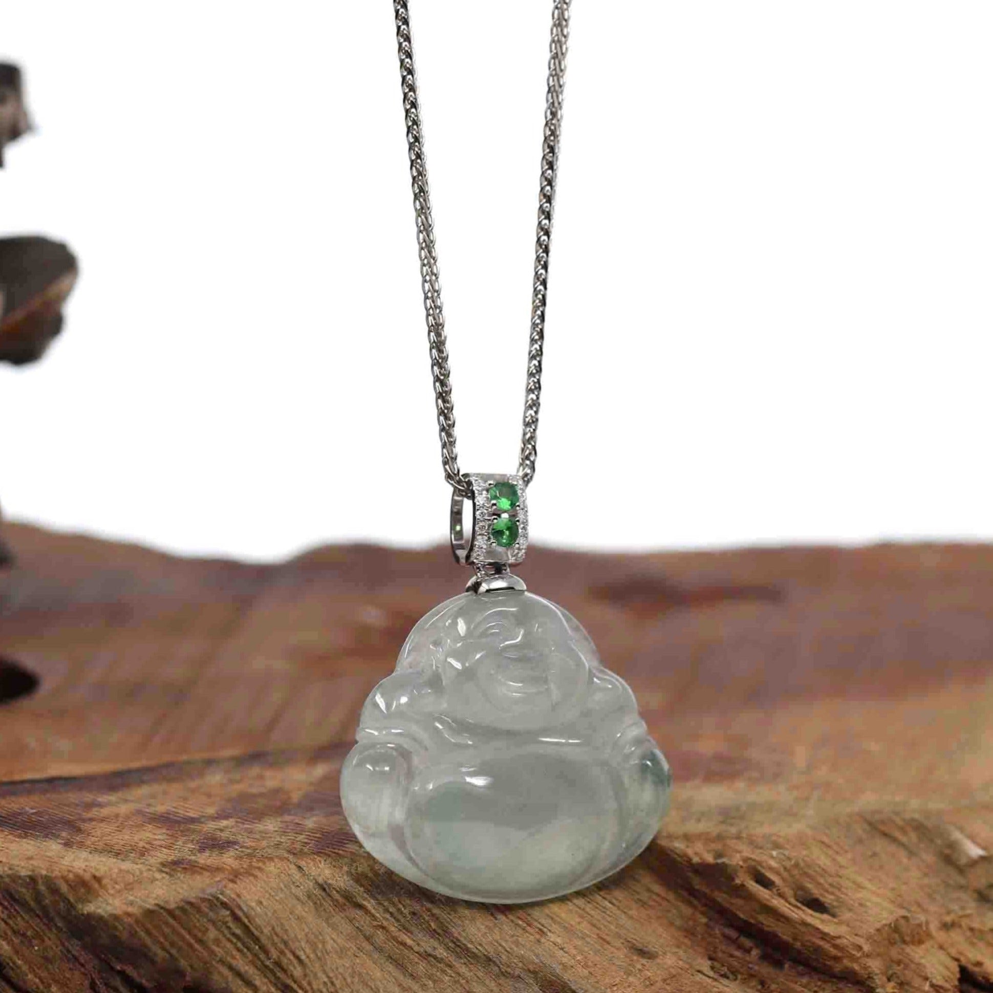 Baikalla Jewelry Gold Jadeite Jade Pendant Necklace Natural Burmese Jadeite Jade Happy Buddha With 14k White Gold AA Emerald Bail