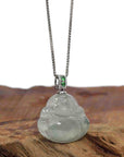 Baikalla Jewelry Gold Jadeite Jade Pendant Necklace Natural Burmese Jadeite Jade Happy Buddha With 14k White Gold AA Emerald Bail