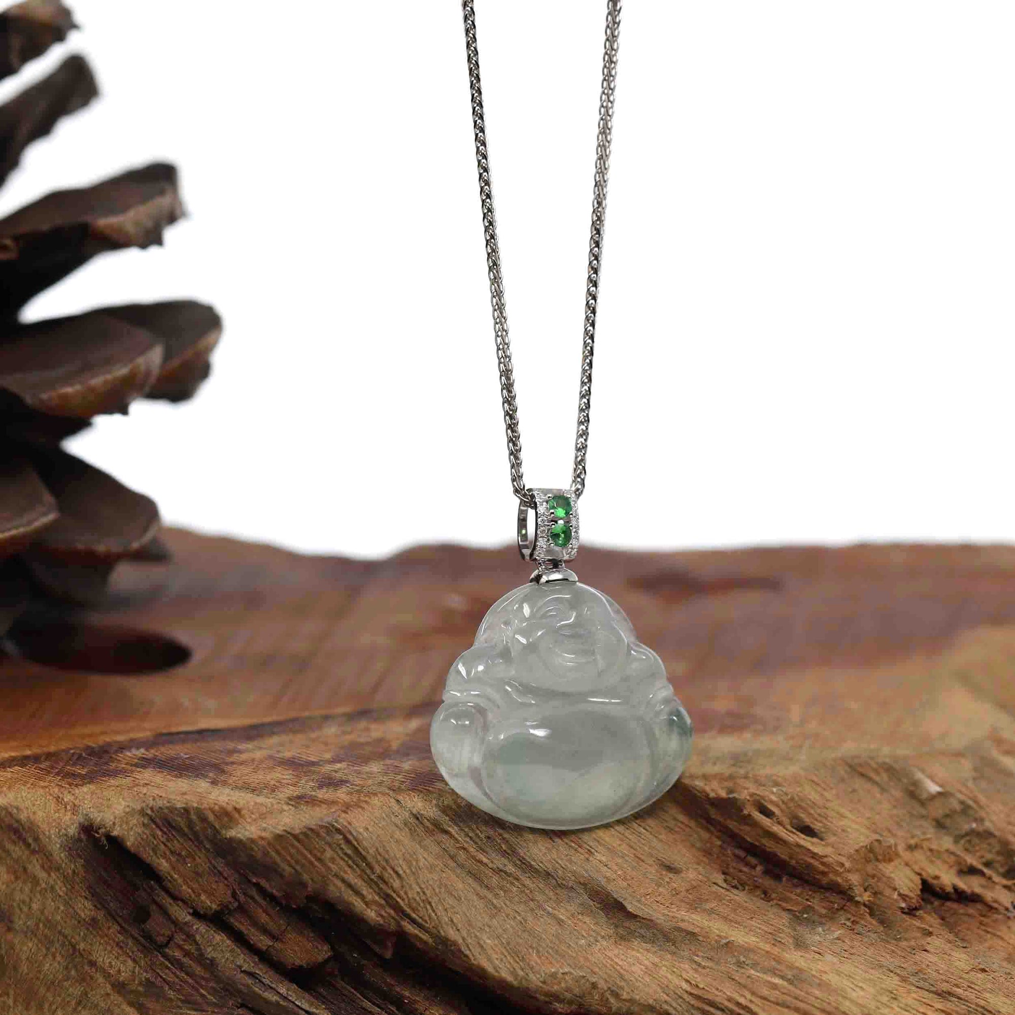 Baikalla Jewelry Gold Jadeite Jade Pendant Necklace Natural Burmese Jadeite Jade Happy Buddha With 14k White Gold AA Emerald Bail