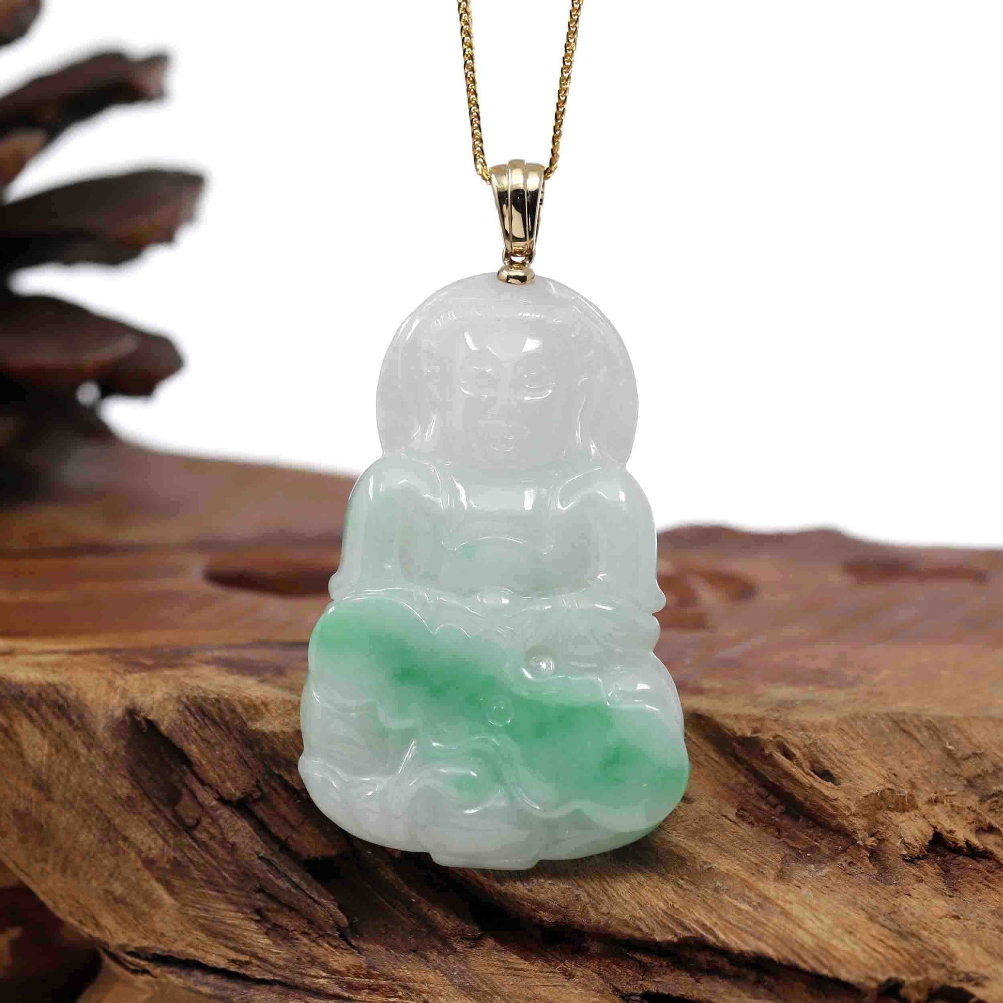 Baikalla Jewelry Jade Guanyin Pendant Necklace Pendant Only Goddess of Compassion&quot; 14k Yellow Gold Genuine Burmese Jadeite Jade Guanyin Necklace With Good Luck Design