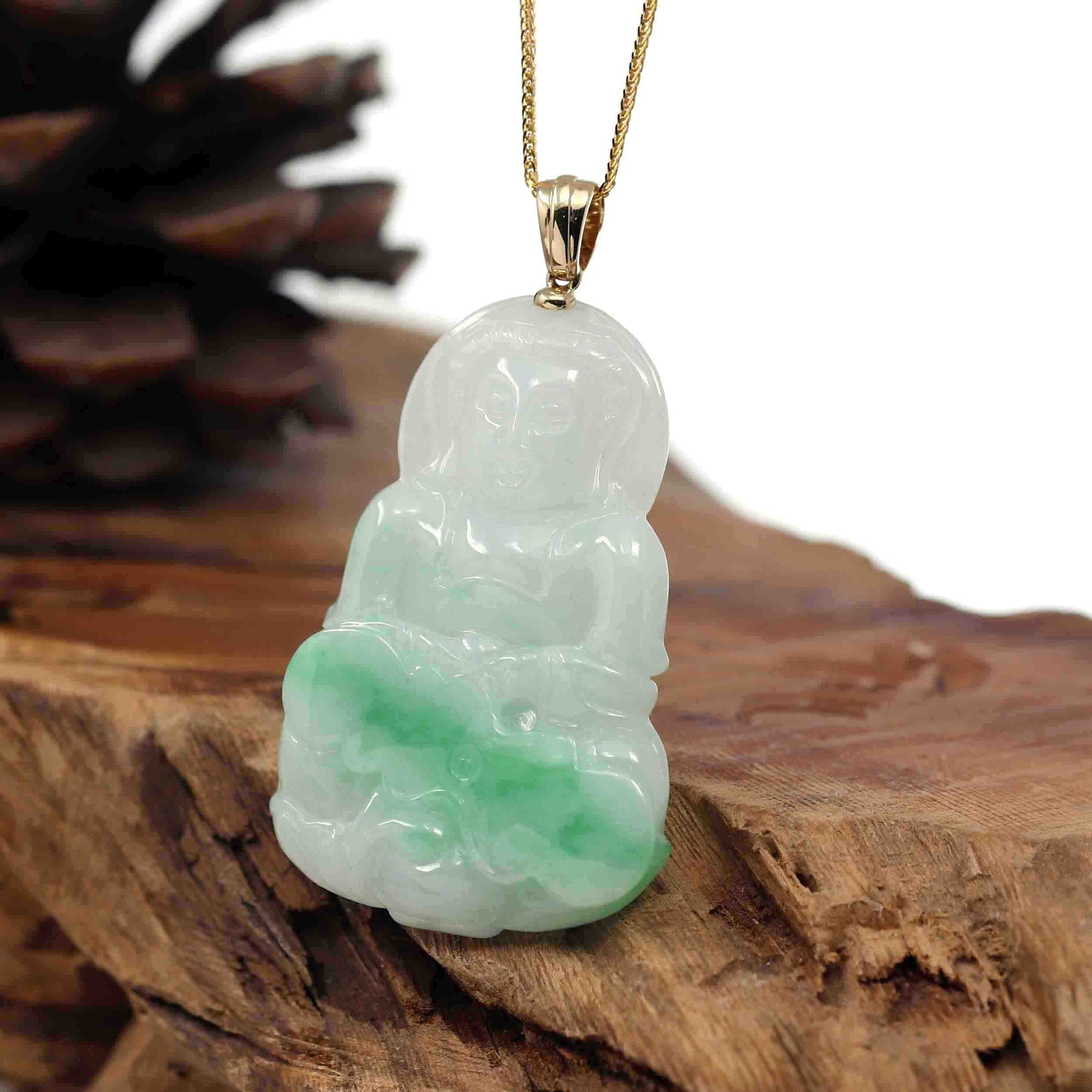 Baikalla Jewelry Jade Guanyin Pendant Necklace Goddess of Compassion" 14k Yellow Gold Genuine Burmese Jadeite Jade Guanyin Necklace With Good Luck Design