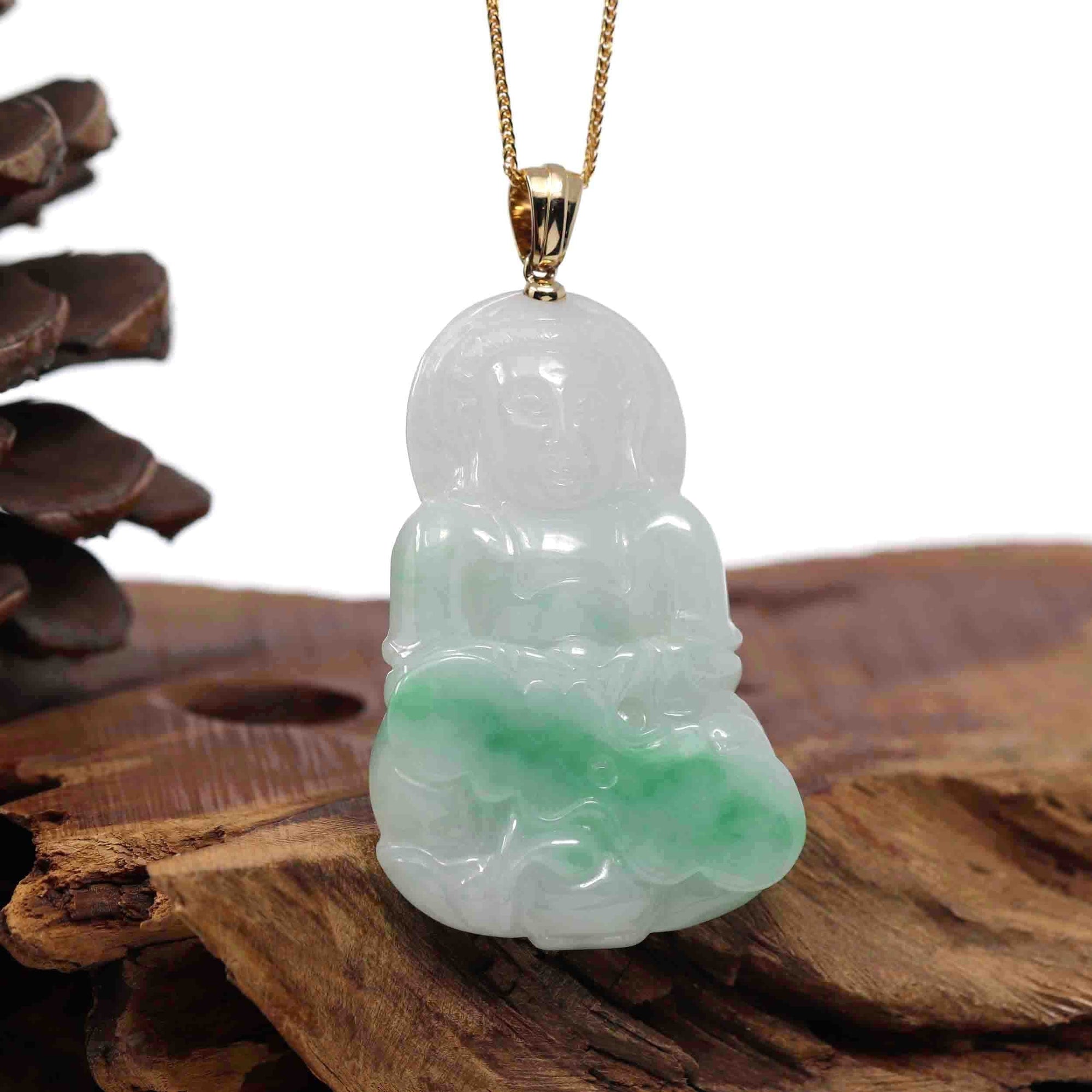 Baikalla Jewelry Jade Guanyin Pendant Necklace Goddess of Compassion&quot; 14k Yellow Gold Genuine Burmese Jadeite Jade Guanyin Necklace With Good Luck Design